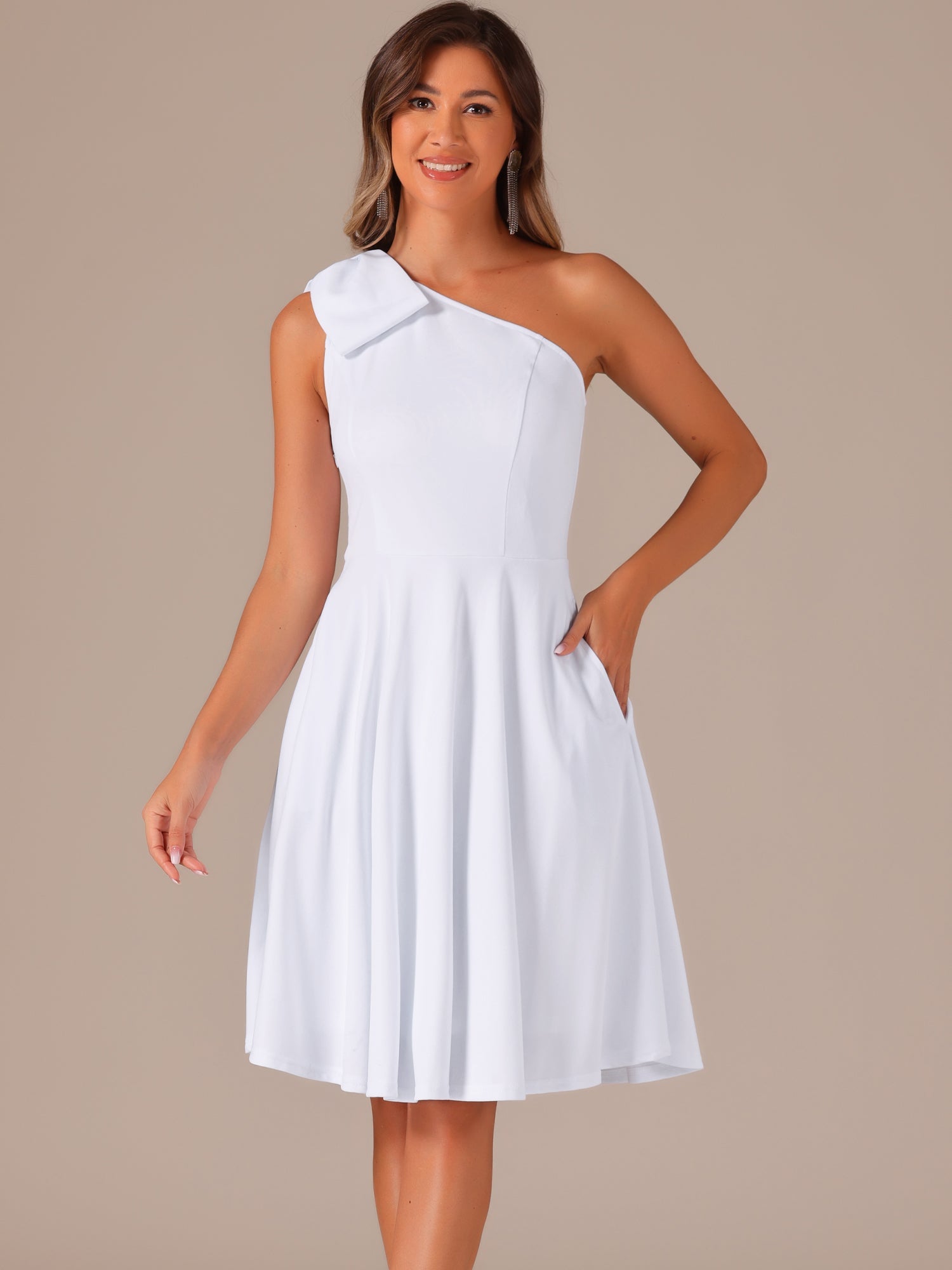 Bow One Shoulder Sleeveless Pockets A-Line Midi Dress