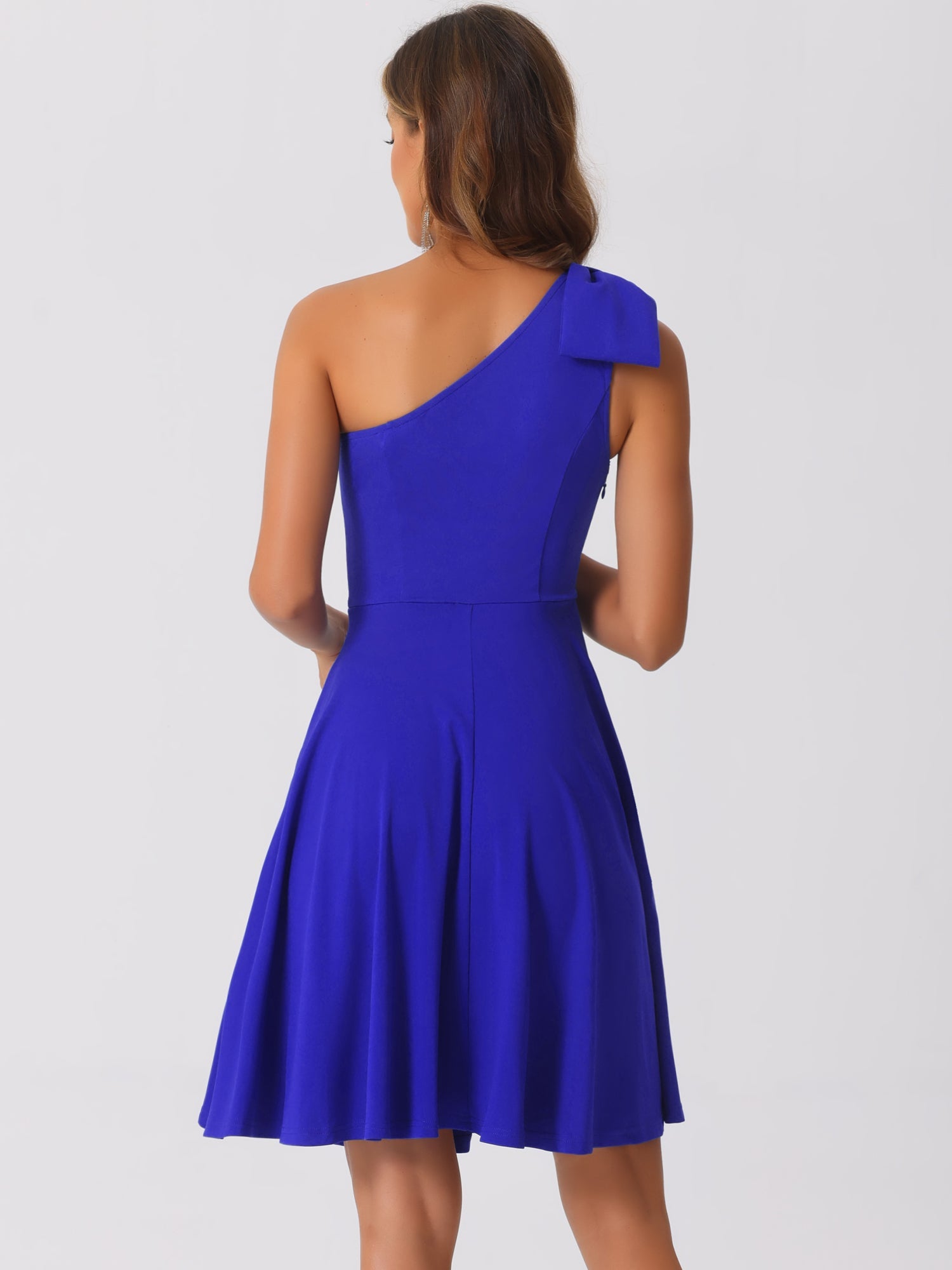 Bow One Shoulder Sleeveless Pockets A-Line Midi Dress