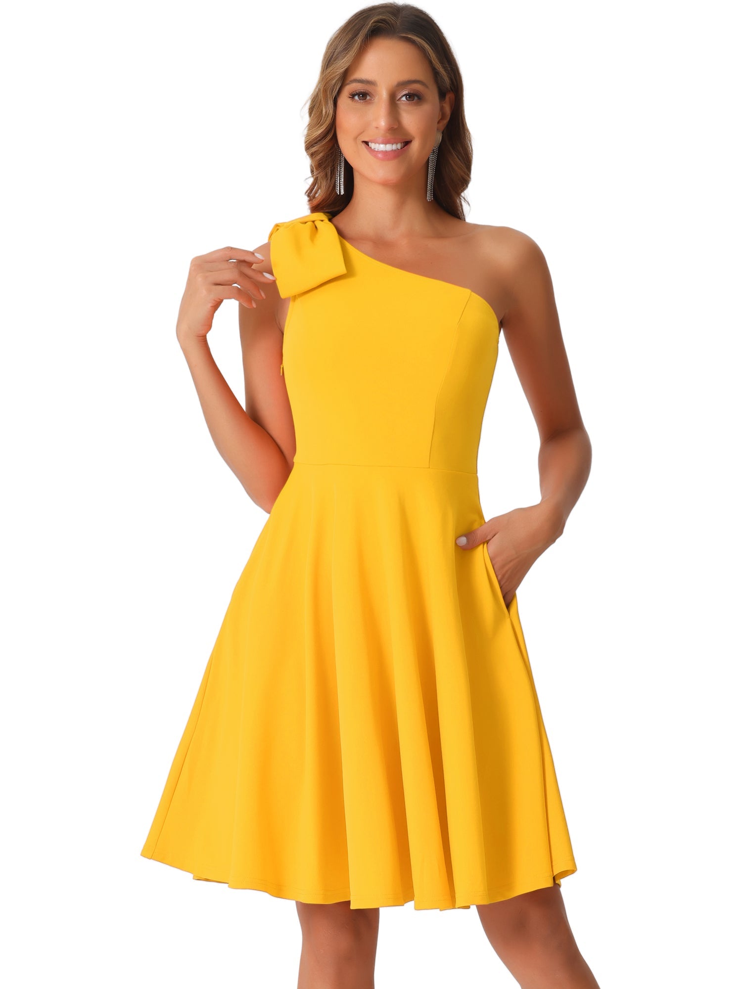 Bow One Shoulder Sleeveless Pockets A-Line Midi Dress