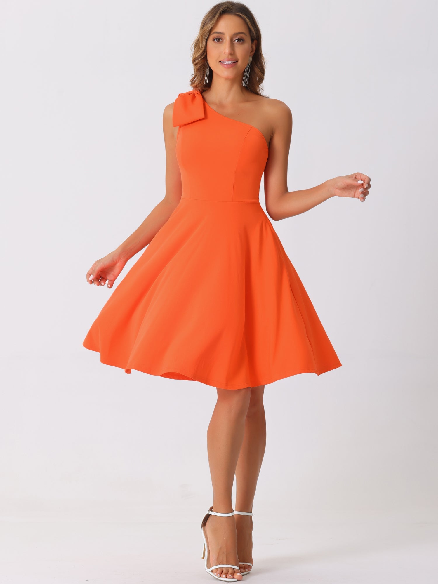 Bow One Shoulder Sleeveless Pockets A-Line Midi Dress