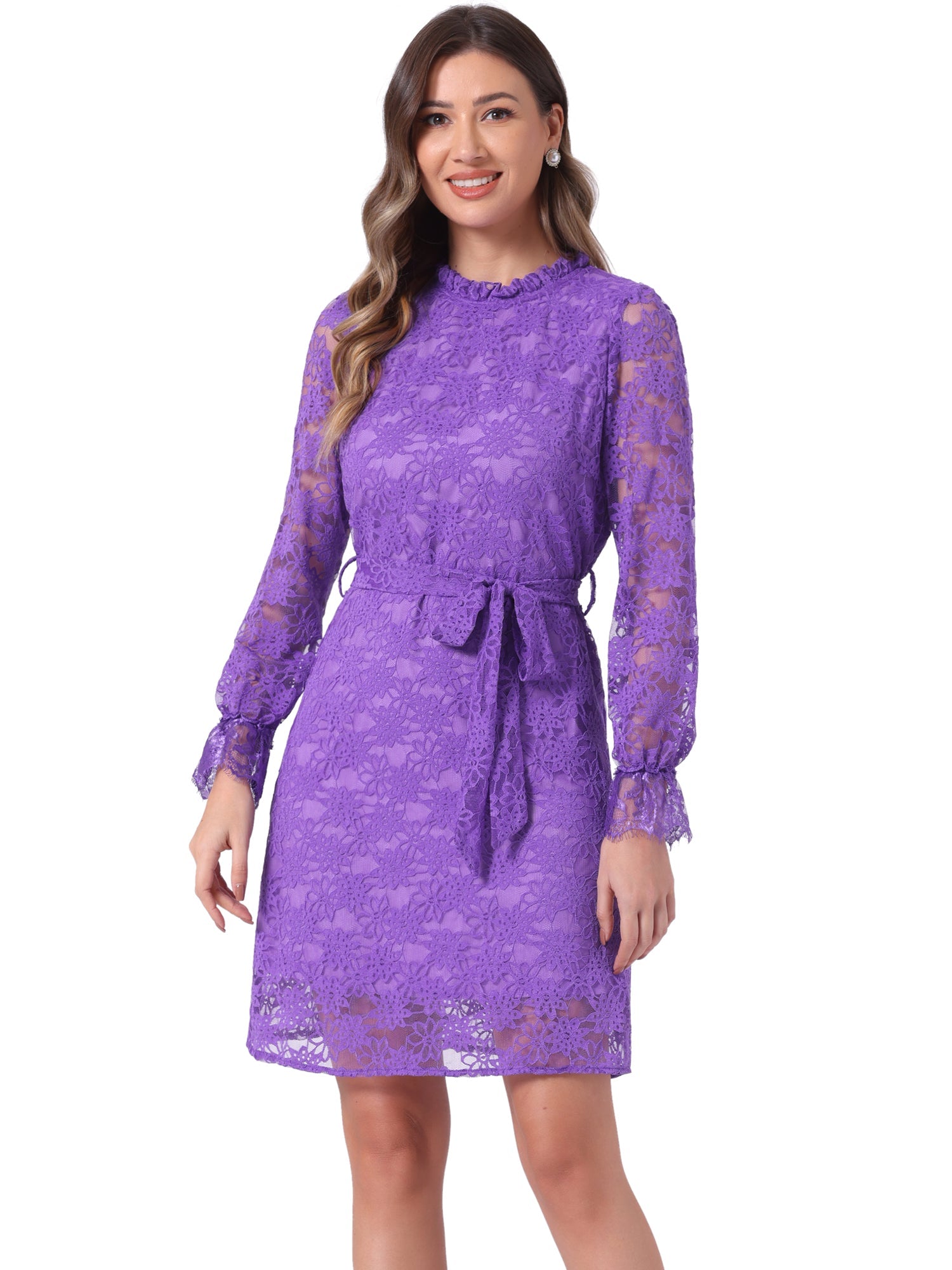 Lace Floral Ruffle Crew Neck Cocktail Mini Dress