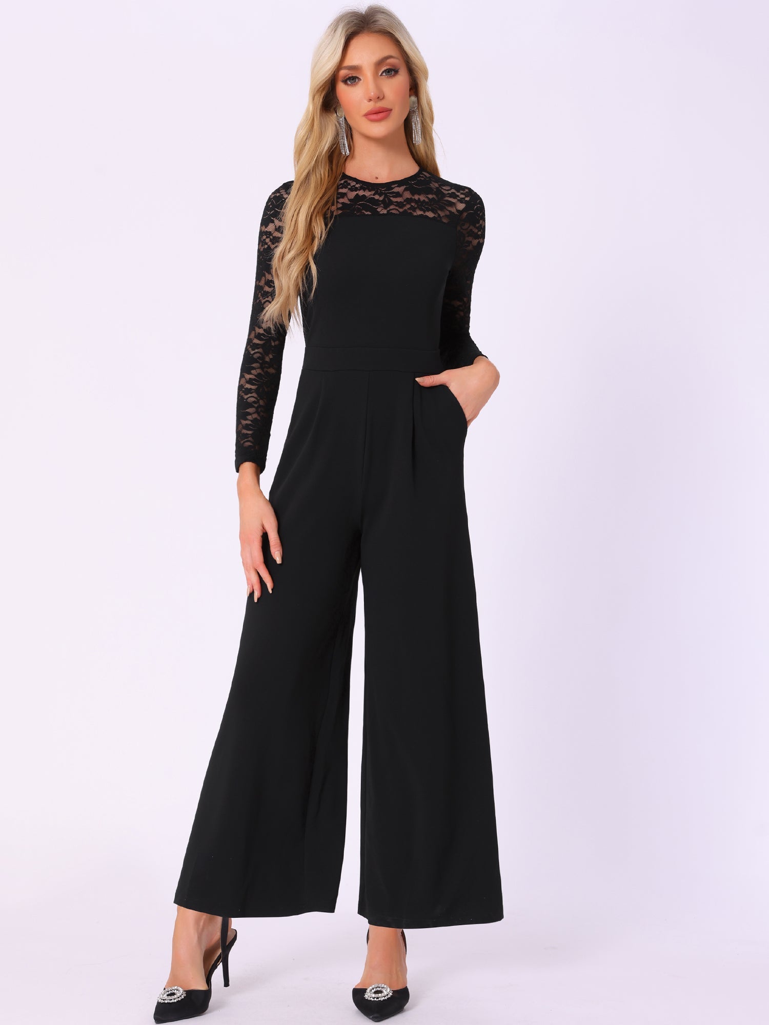 Crew Neck Mesh Lace Sleeve Wide Leg Jumpsuit