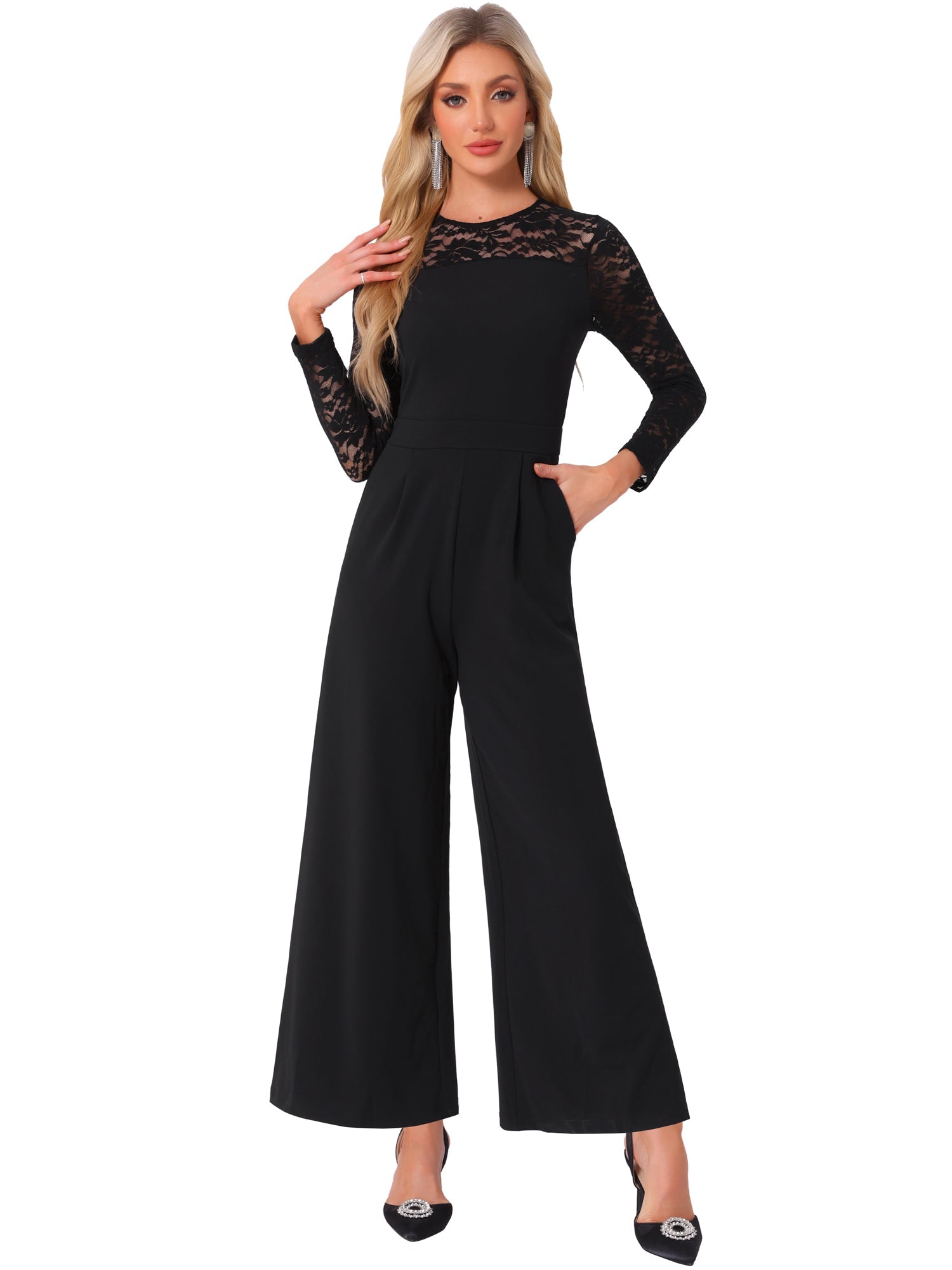 Crew Neck Mesh Lace Sleeve Wide Leg Jumpsuit