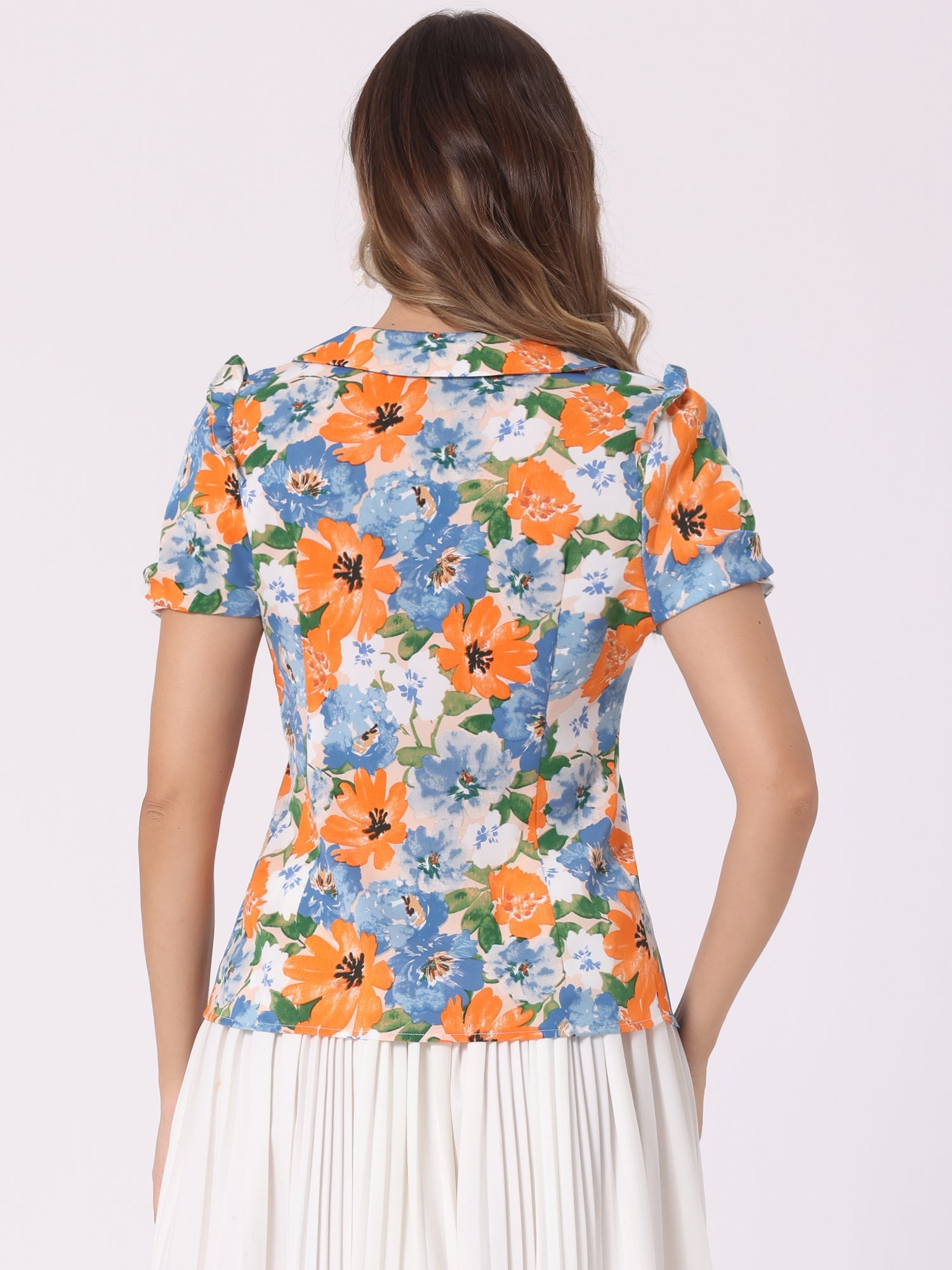 Peter Pan Collar Puff Short Sleeve Ruffle Smocked Floral Blouse
