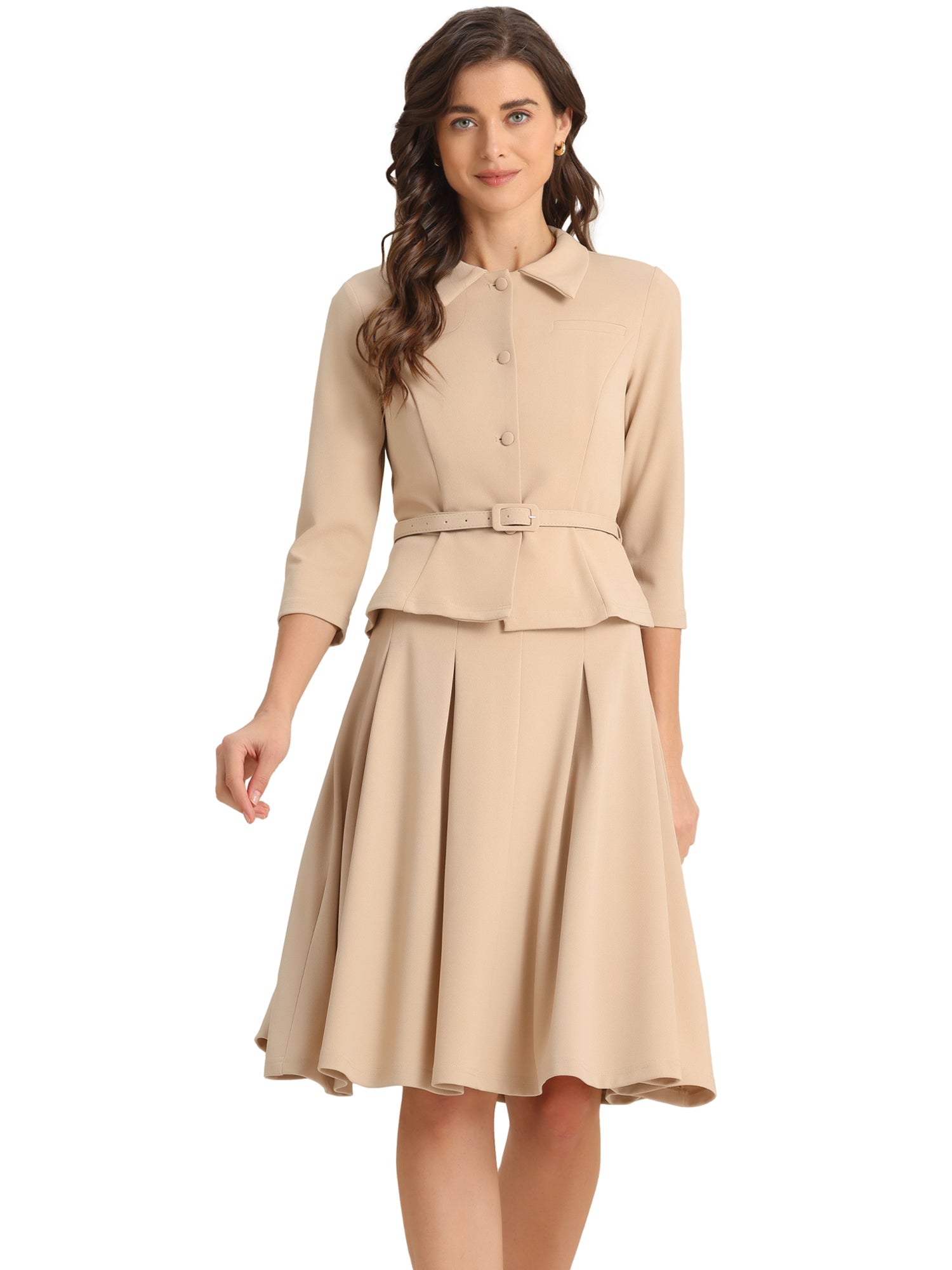2 Piece 3/4 Sleeve Cropped Belted Blazer and Pleated Skirt Business Suit Sets