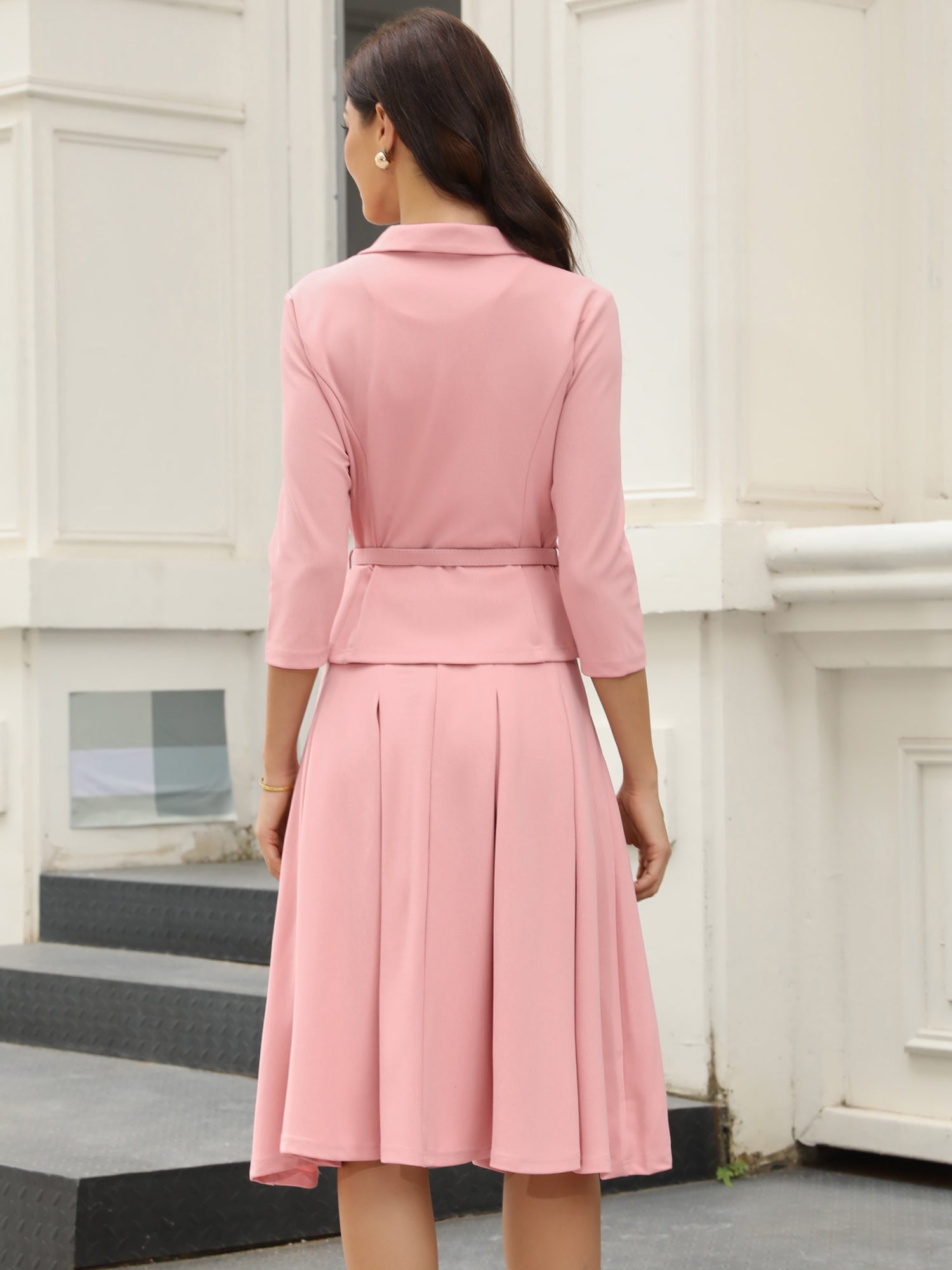 2 Piece 3/4 Sleeve Cropped Belted Blazer and Pleated Skirt Business Suit Sets