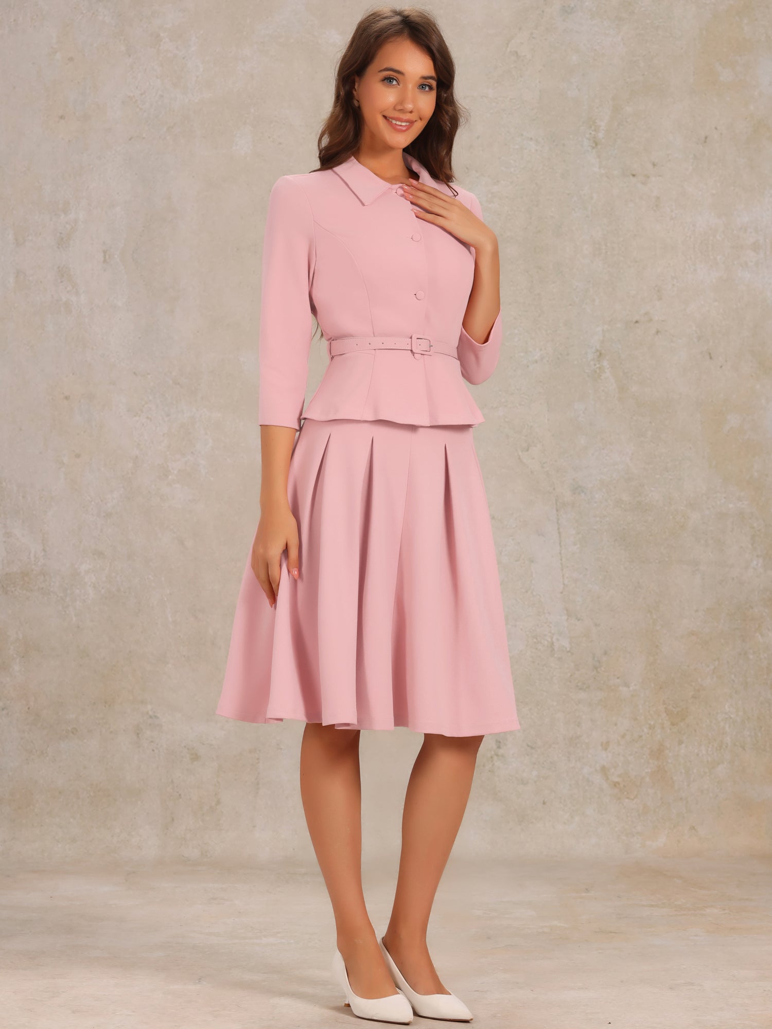 2 Piece 3/4 Sleeve Cropped Belted Blazer and Pleated Skirt Business Suit Sets