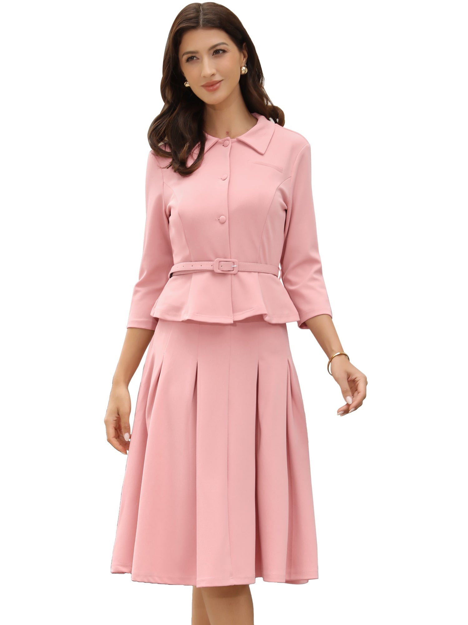 2 Piece 3/4 Sleeve Cropped Belted Blazer and Pleated Skirt Business Suit Sets