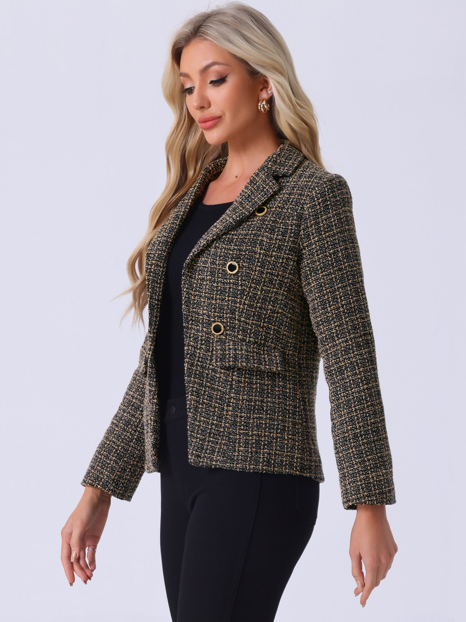 Tweed Plaid Long Sleeves Notched Lapel Open Front Blazer Jacket