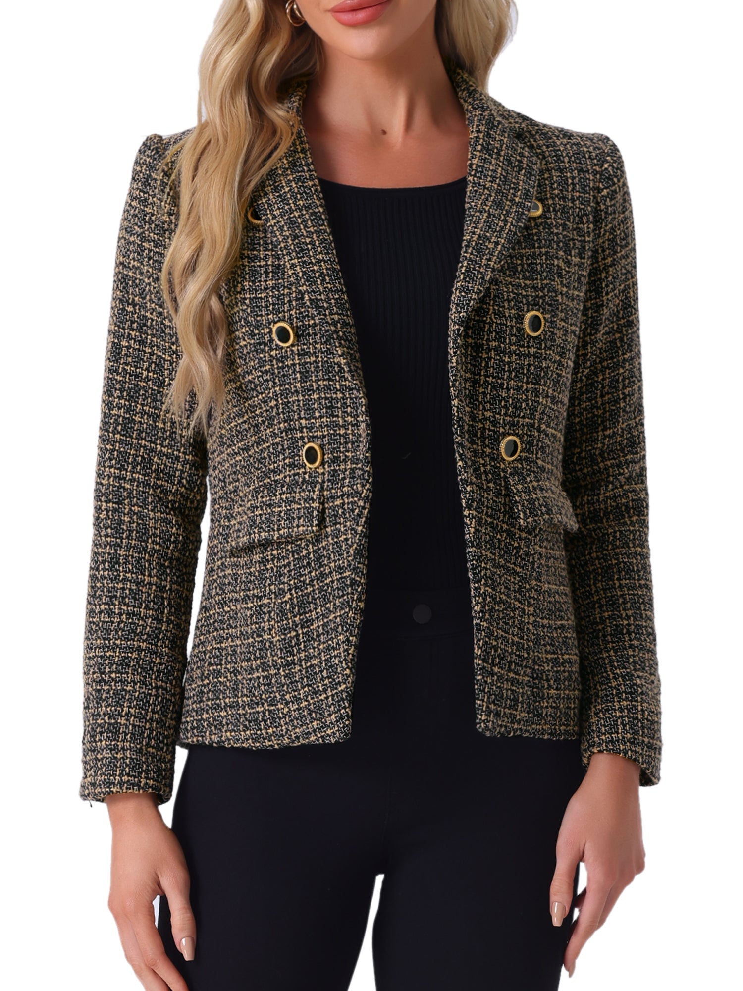 Tweed Plaid Long Sleeves Notched Lapel Open Front Blazer Jacket