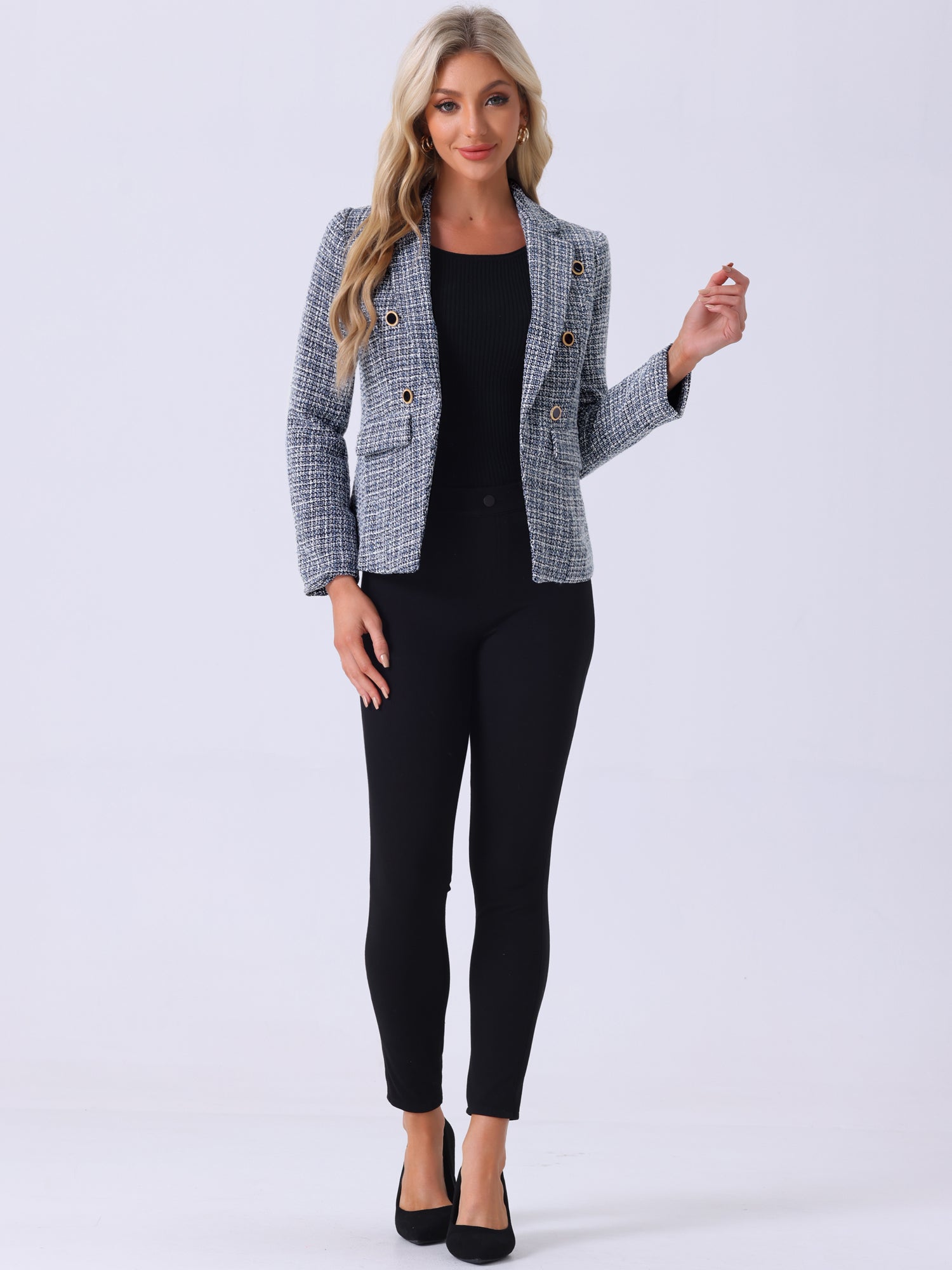 Tweed Plaid Long Sleeves Notched Lapel Open Front Blazer Jacket