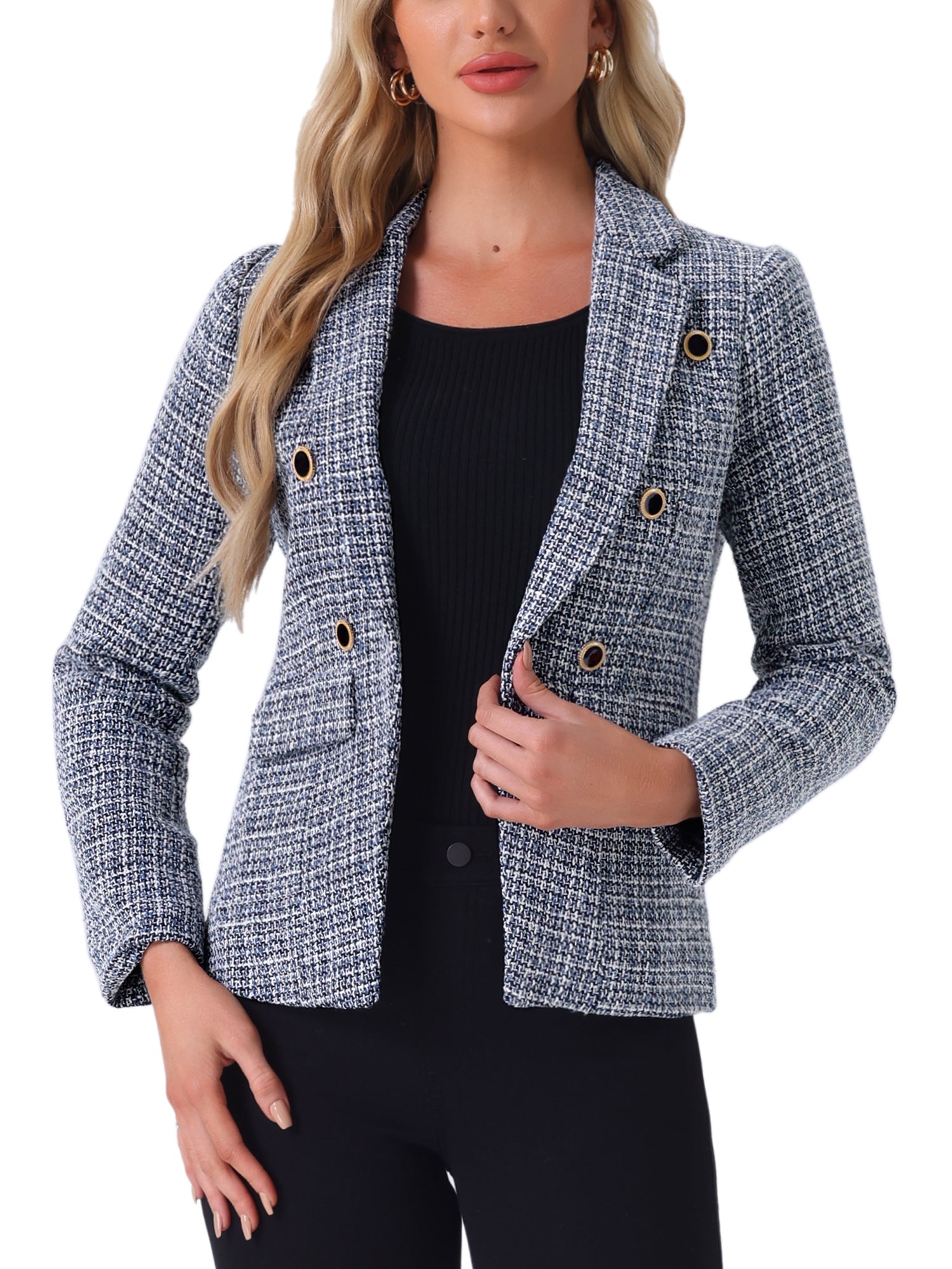 Tweed Plaid Long Sleeves Notched Lapel Open Front Blazer Jacket