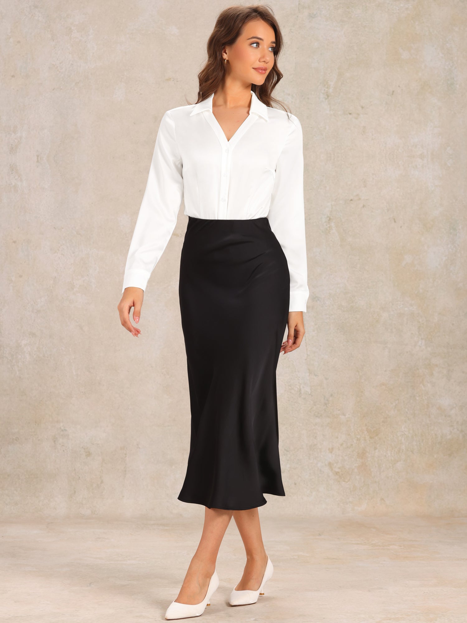 Button Down Collared Long Sleeve Satin Work Bodysuit