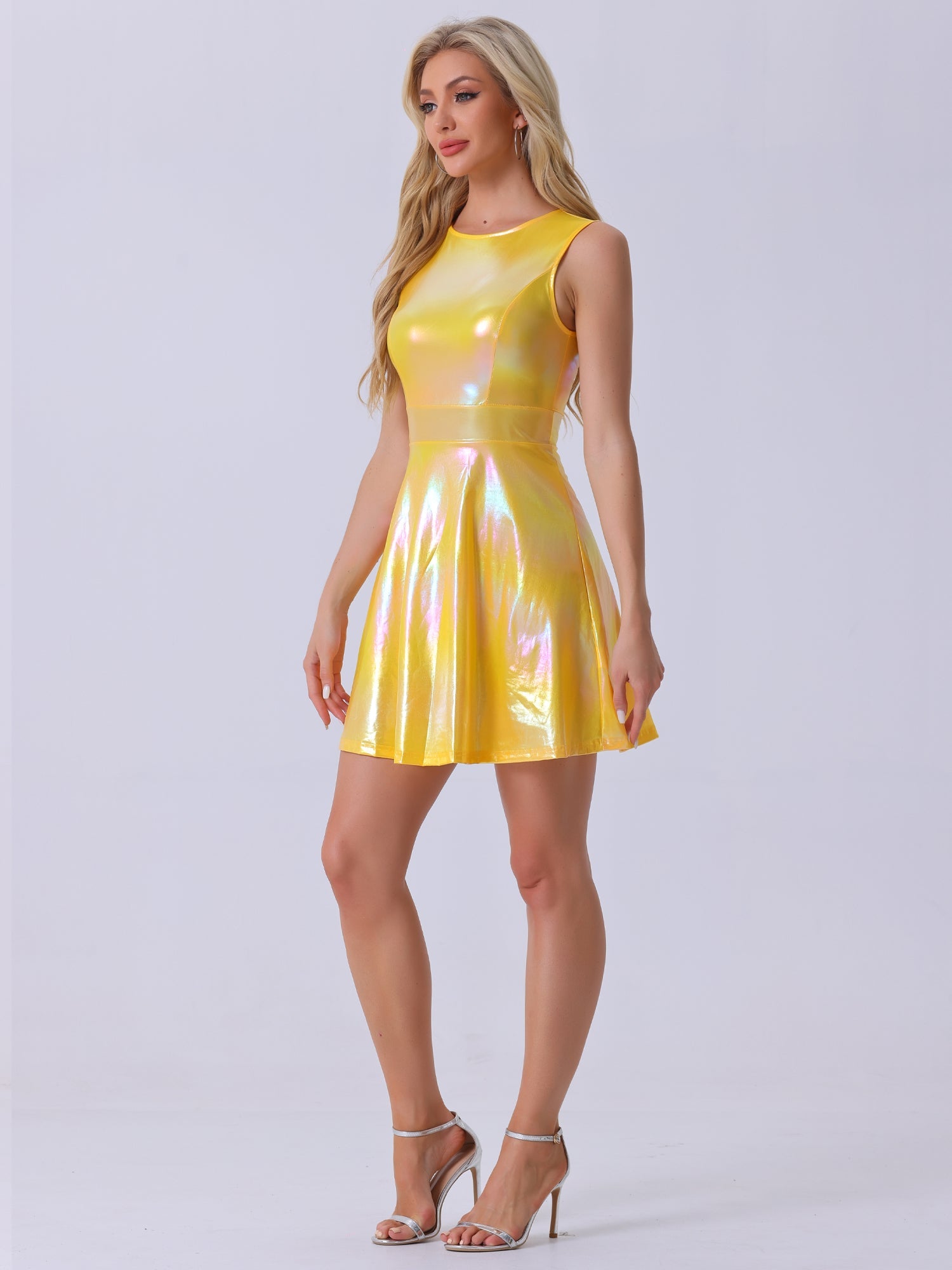 Metallic Sleeveless High Waist Club Party Holographic Dress