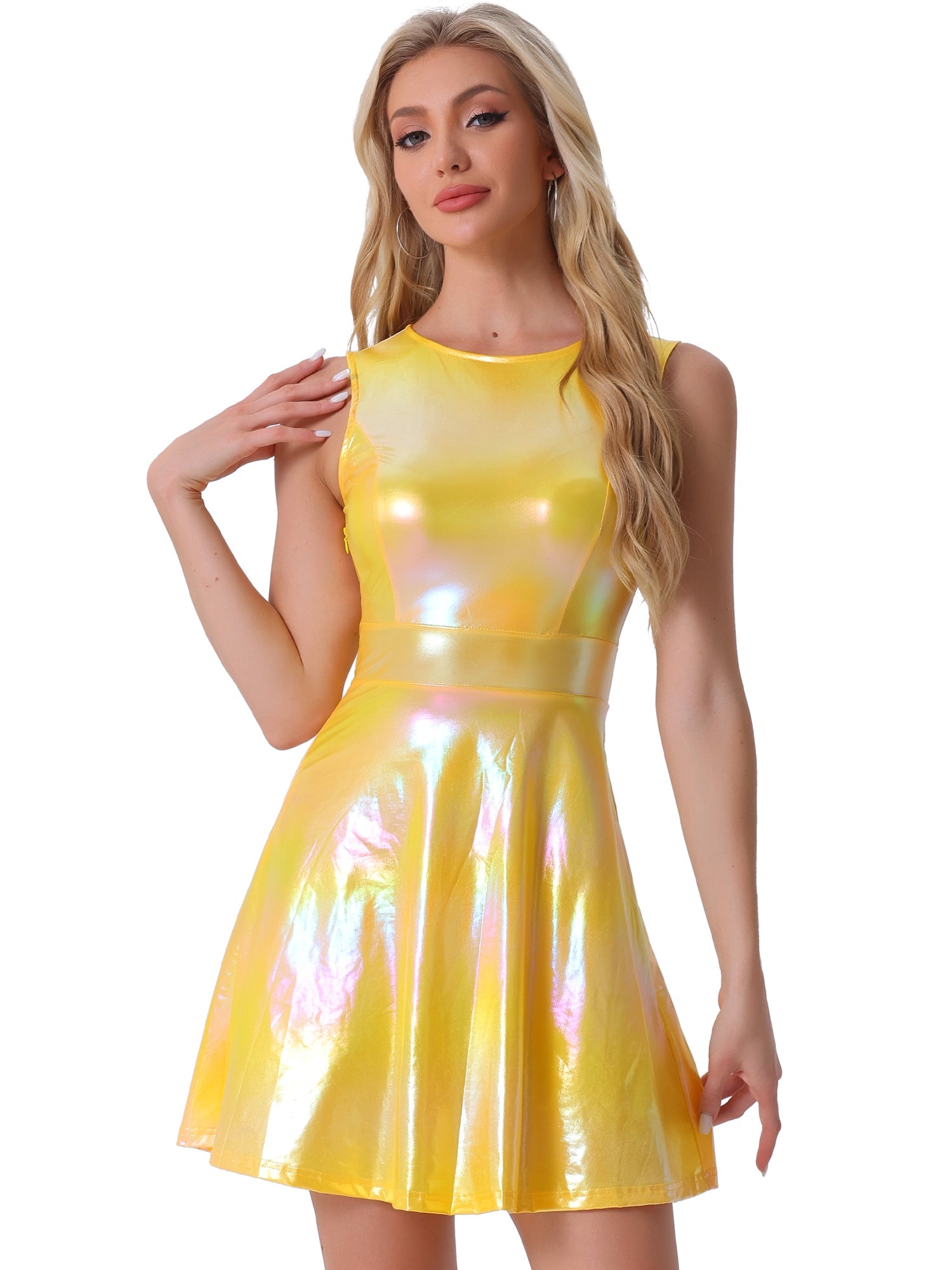 Metallic Sleeveless High Waist Club Party Holographic Dress