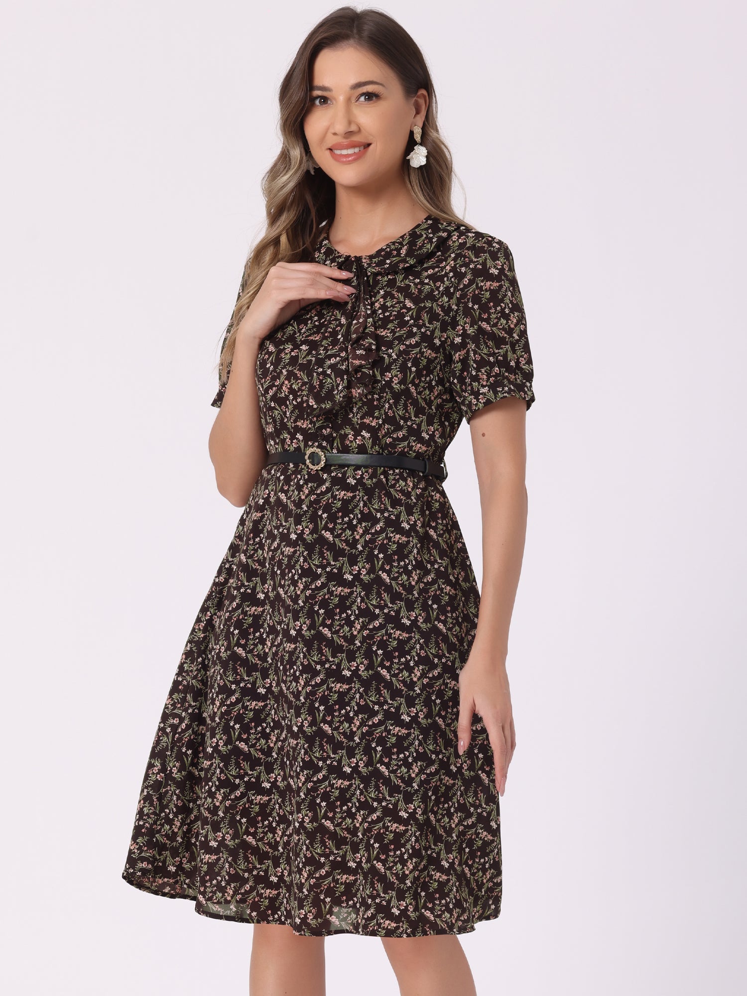 Peter Pan Collar Tie Neck Short Sleeve A-Line Belted Floral Dress