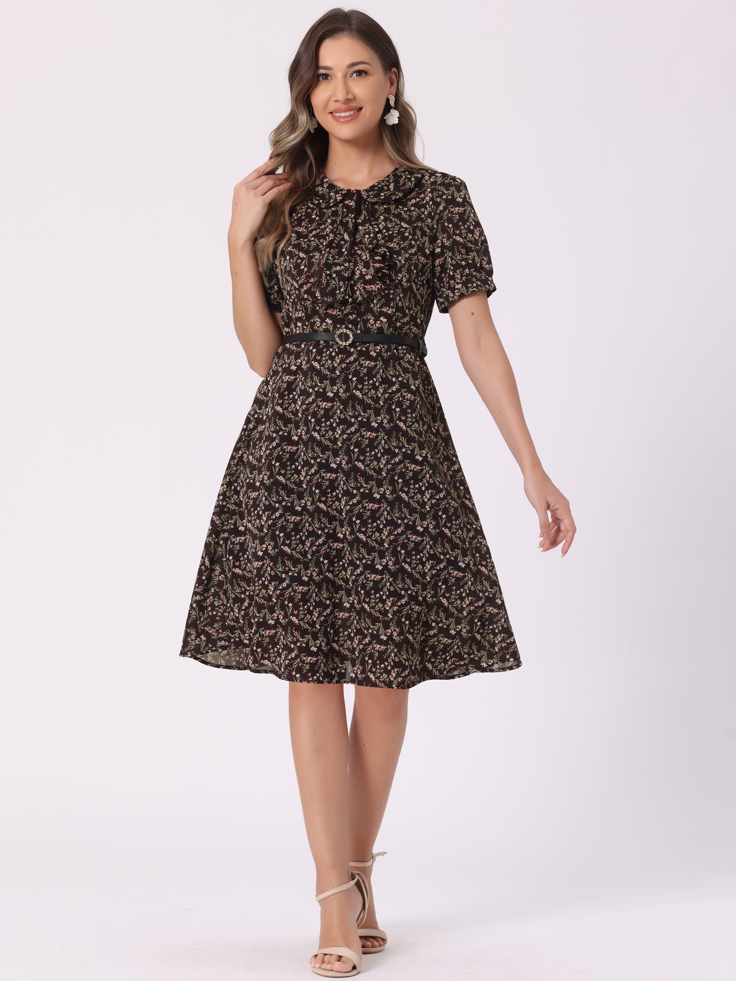 Peter Pan Collar Tie Neck Short Sleeve A-Line Belted Floral Dress