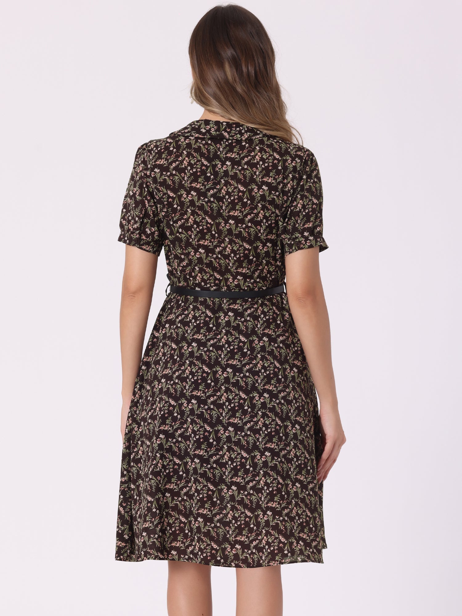 Peter Pan Collar Tie Neck Short Sleeve A-Line Belted Floral Dress