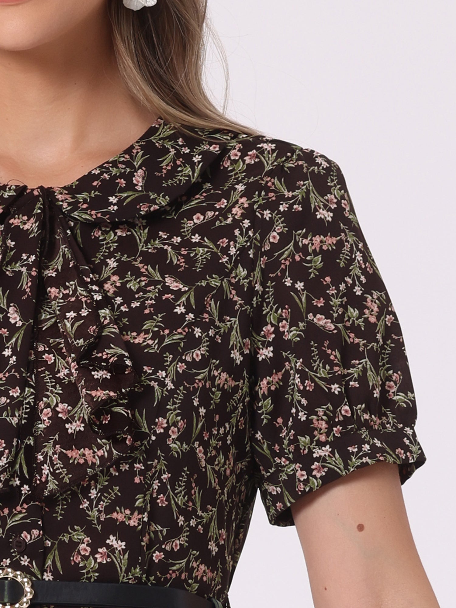 Peter Pan Collar Tie Neck Short Sleeve A-Line Belted Floral Dress
