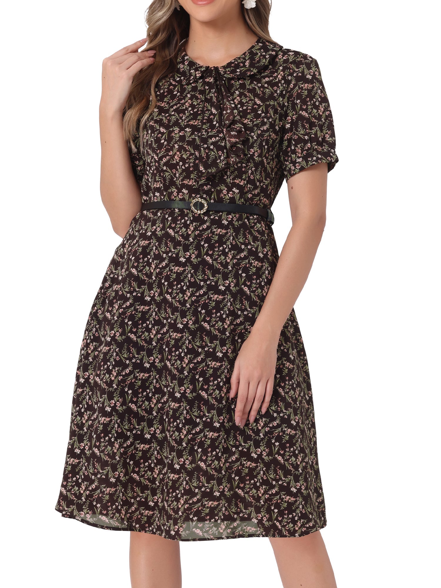 Peter Pan Collar Tie Neck Short Sleeve A-Line Belted Floral Dress