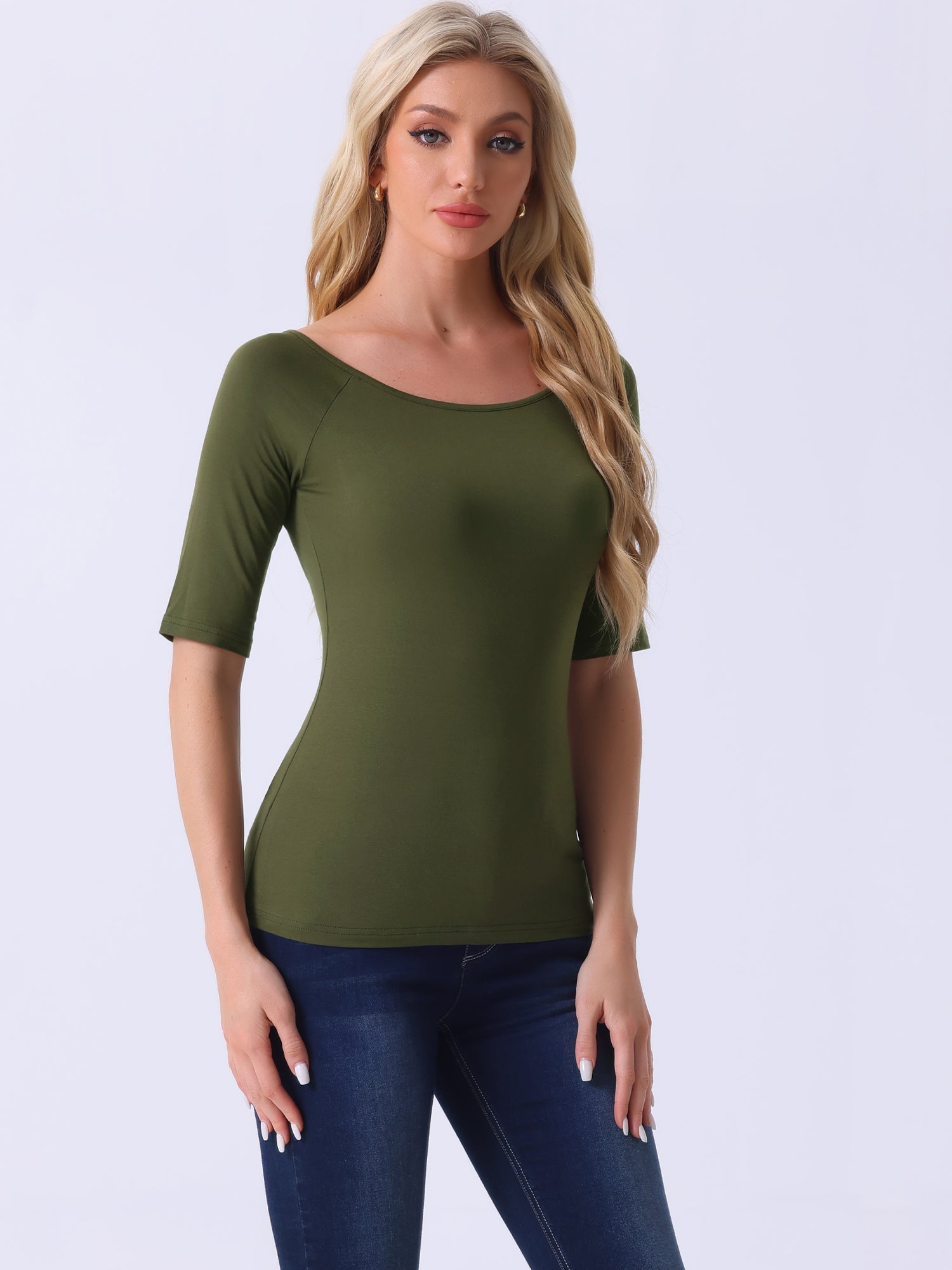 Half Sleeves Scoop Neck Fitted Layering Soft T-Shirt