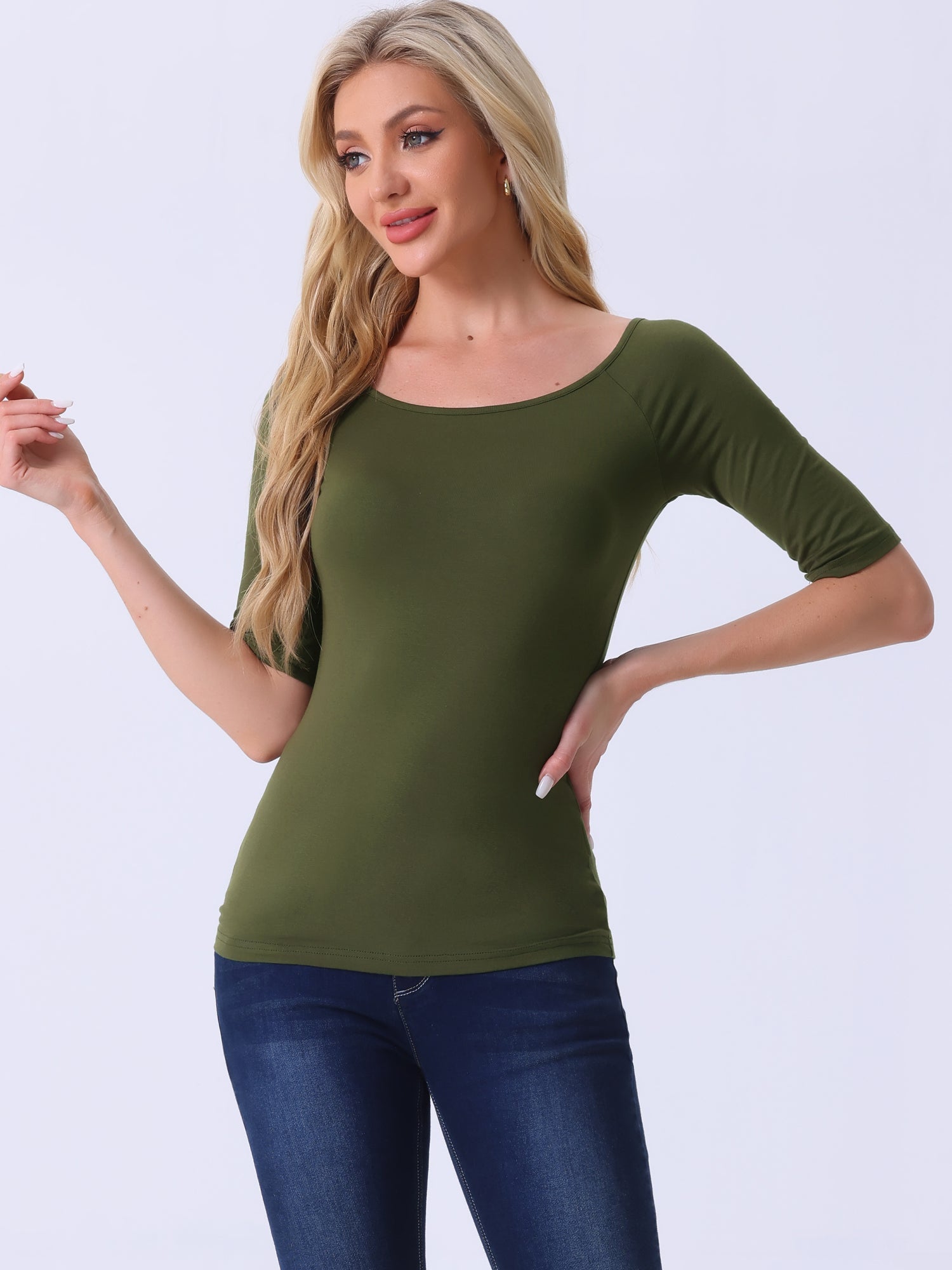 Half Sleeves Scoop Neck Fitted Layering Soft T-Shirt