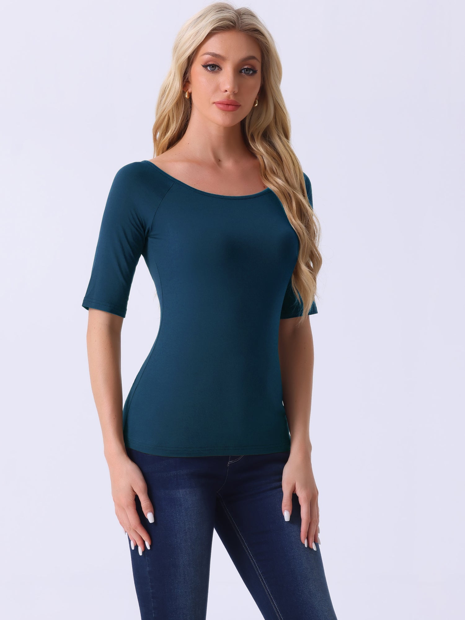 Half Sleeves Scoop Neck Fitted Layering Soft T-Shirt