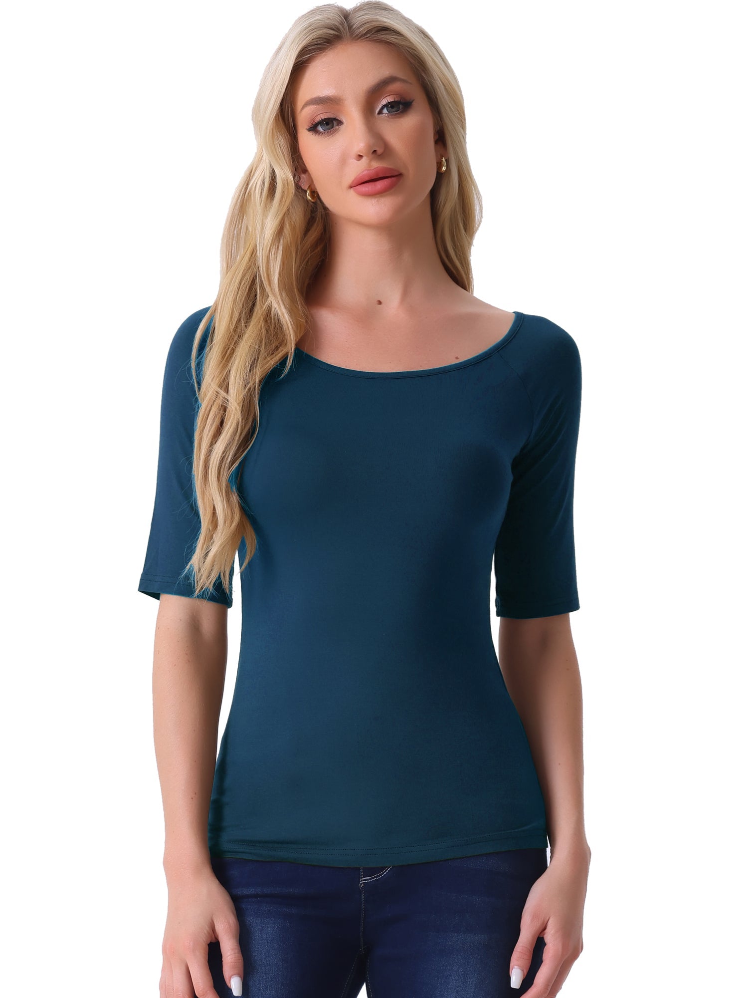 Half Sleeves Scoop Neck Fitted Layering Soft T-Shirt