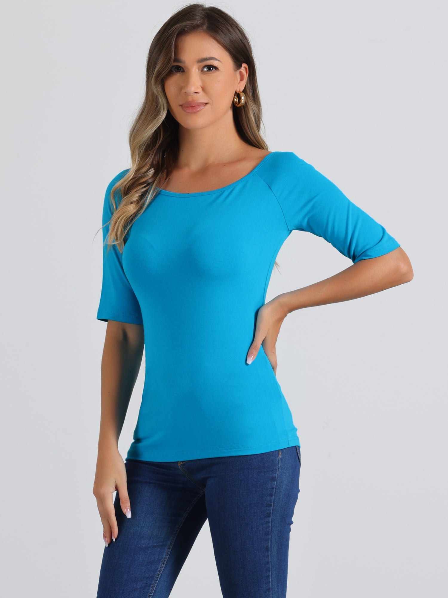 Half Sleeves Scoop Neck Fitted Layering Soft T-Shirt