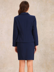 2 Pieces Collared Button Down Blazer & Pencil Midi Skirt Suit Set