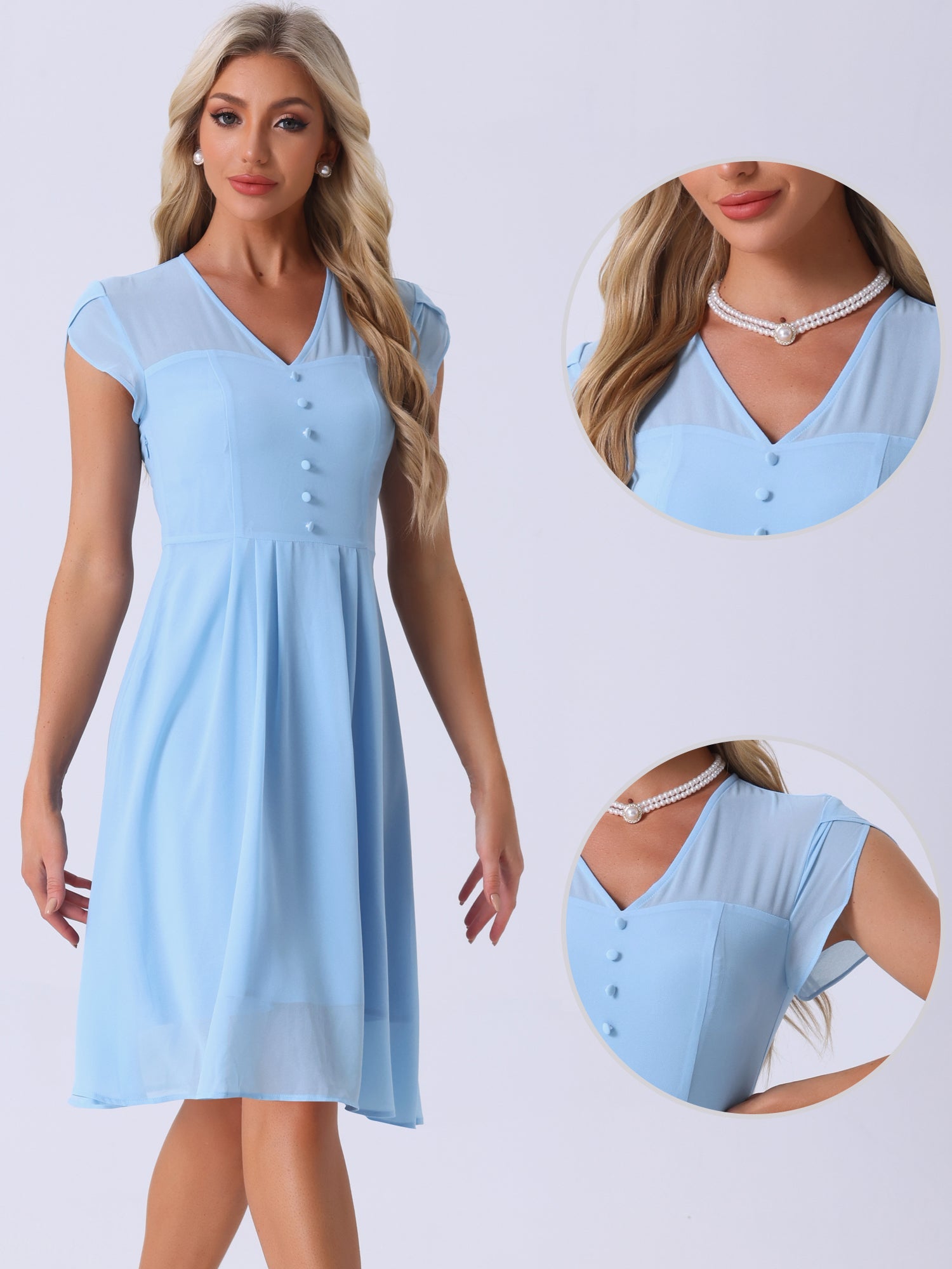 Vintage Chiffon V Neck Cap Sleeve Elegant A-Line Dress