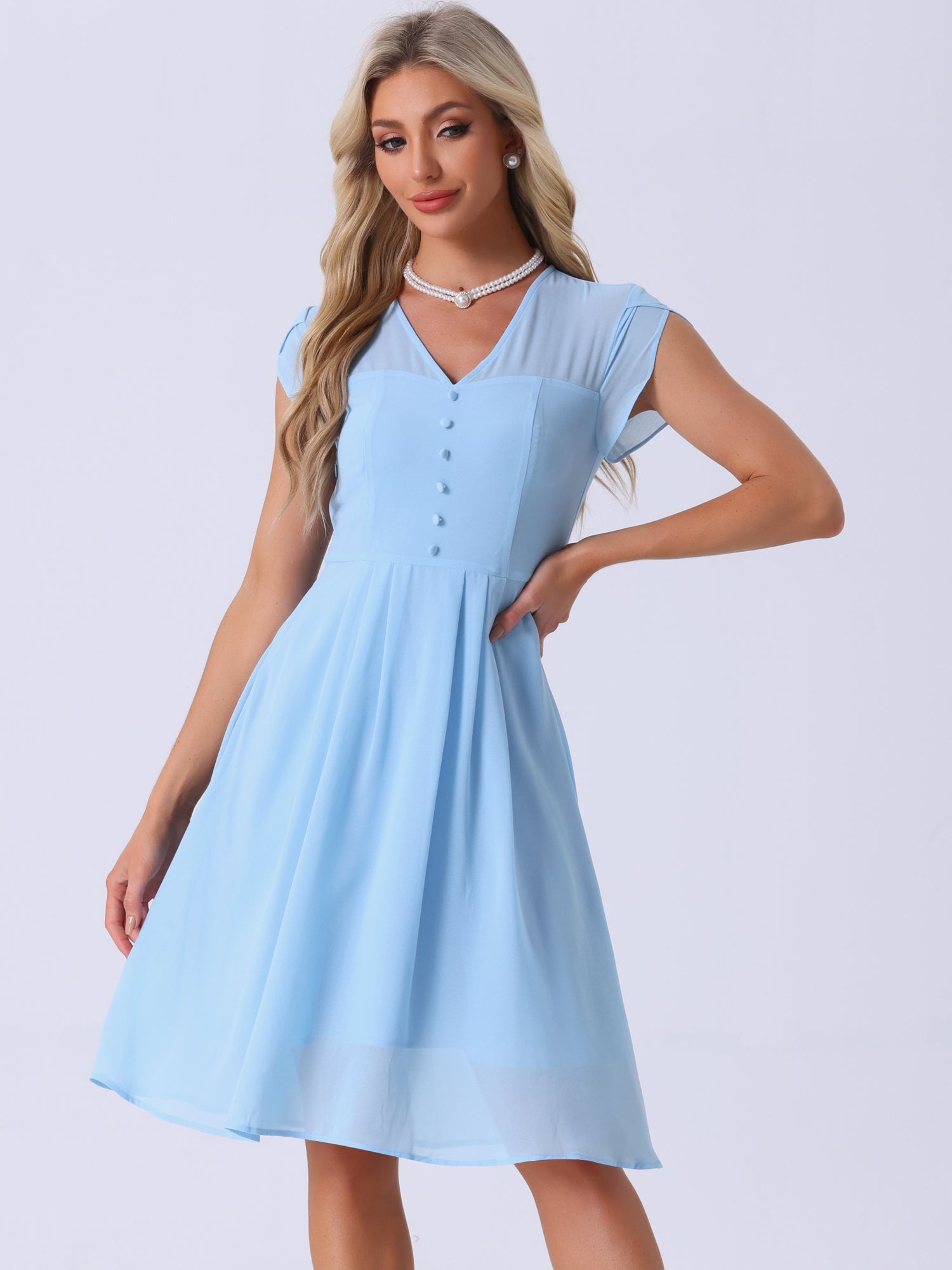 Vintage Chiffon V Neck Cap Sleeve Elegant A-Line Dress