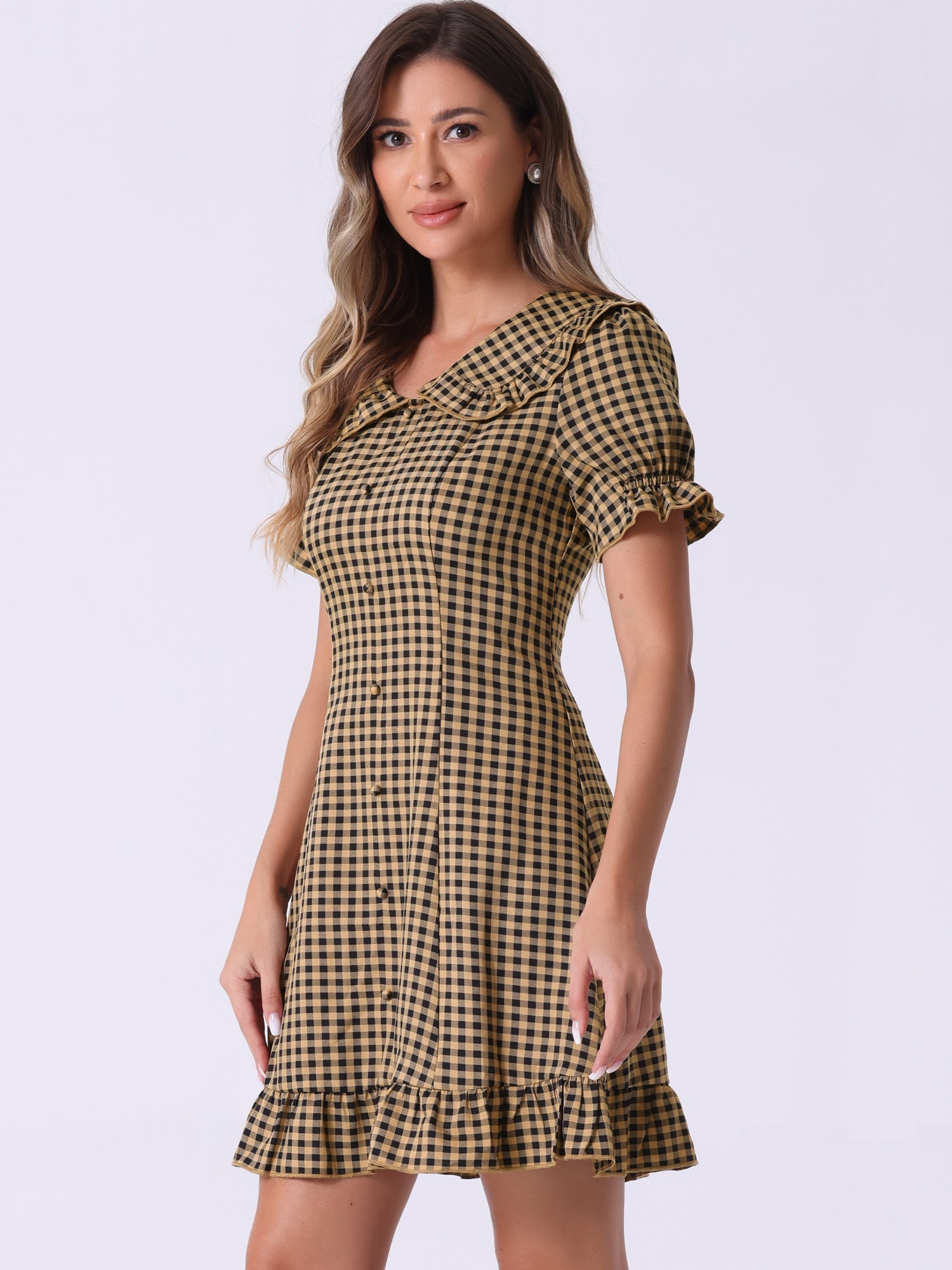 Gingham Checks Ruffled Peter Pan Collar 1960s Vintage Mini Dress