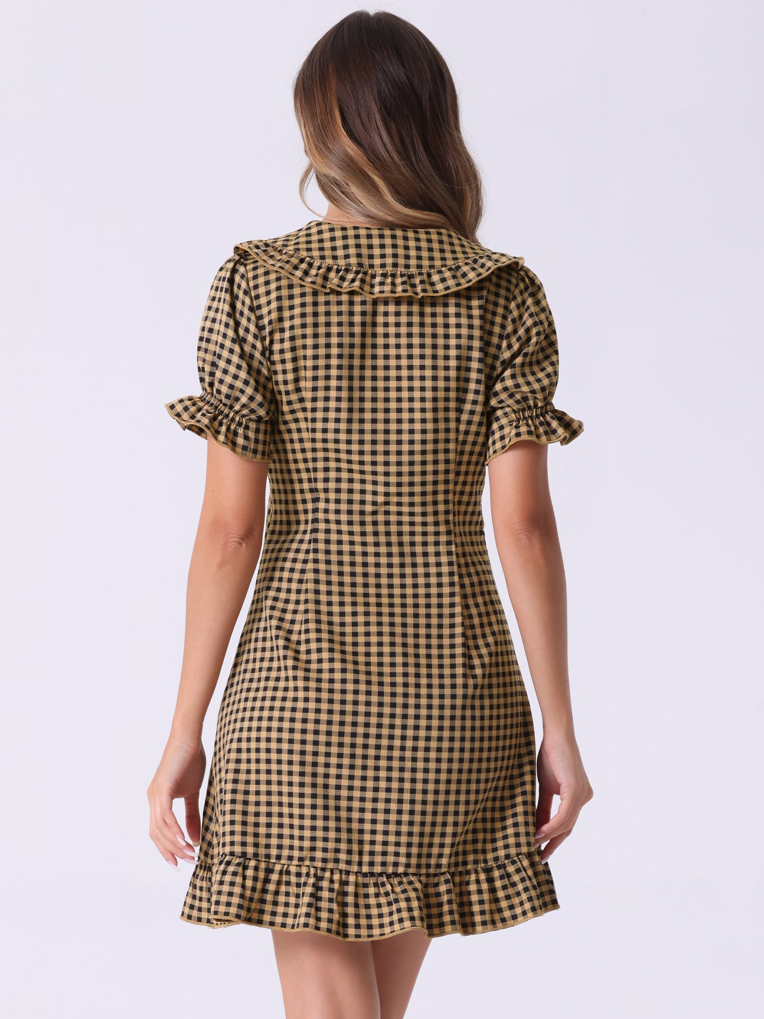 Gingham Checks Ruffled Peter Pan Collar 1960s Vintage Mini Dress