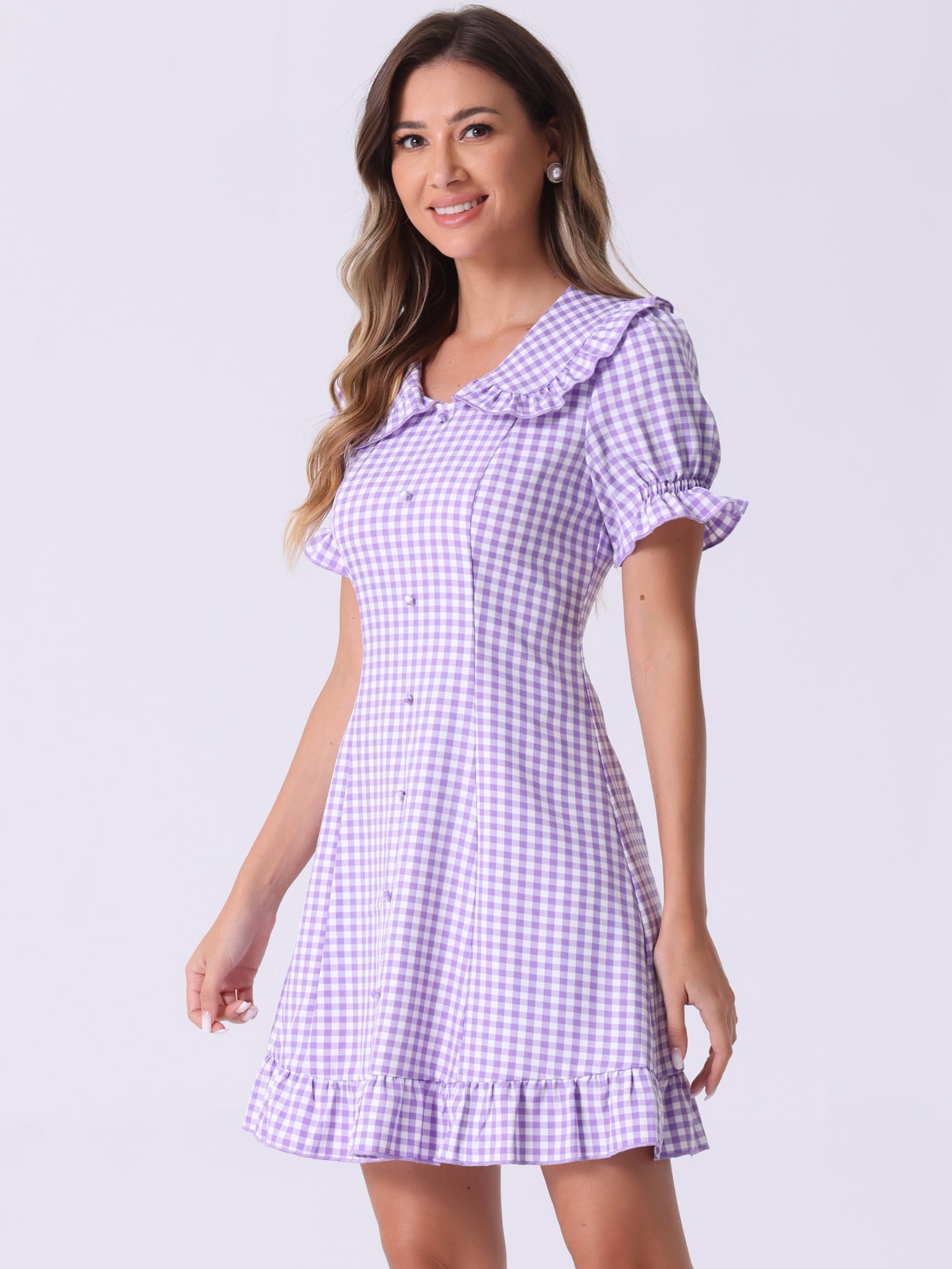 Gingham Checks Ruffled Peter Pan Collar 1960s Vintage Mini Dress