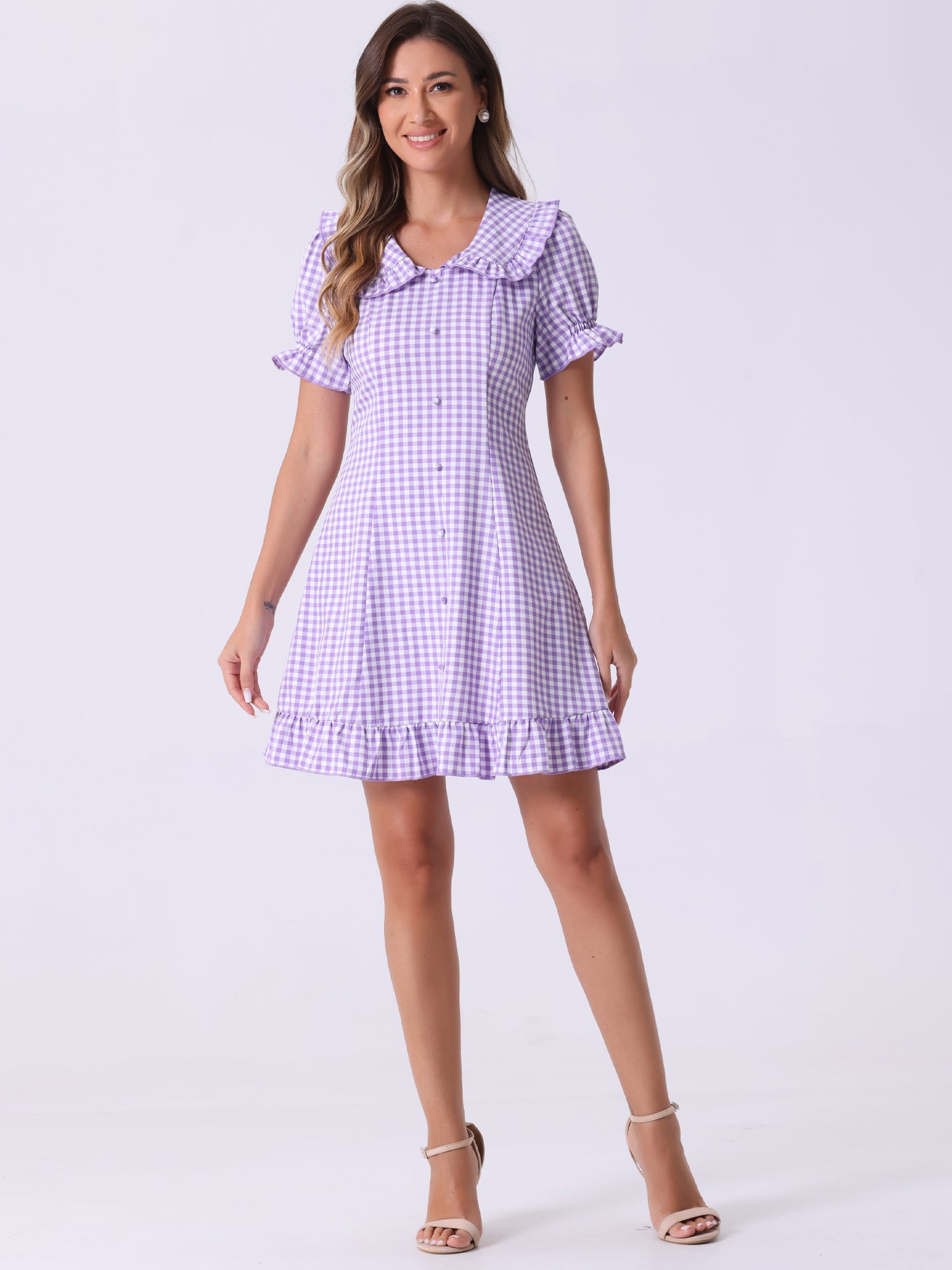 Gingham Checks Ruffled Peter Pan Collar 1960s Vintage Mini Dress