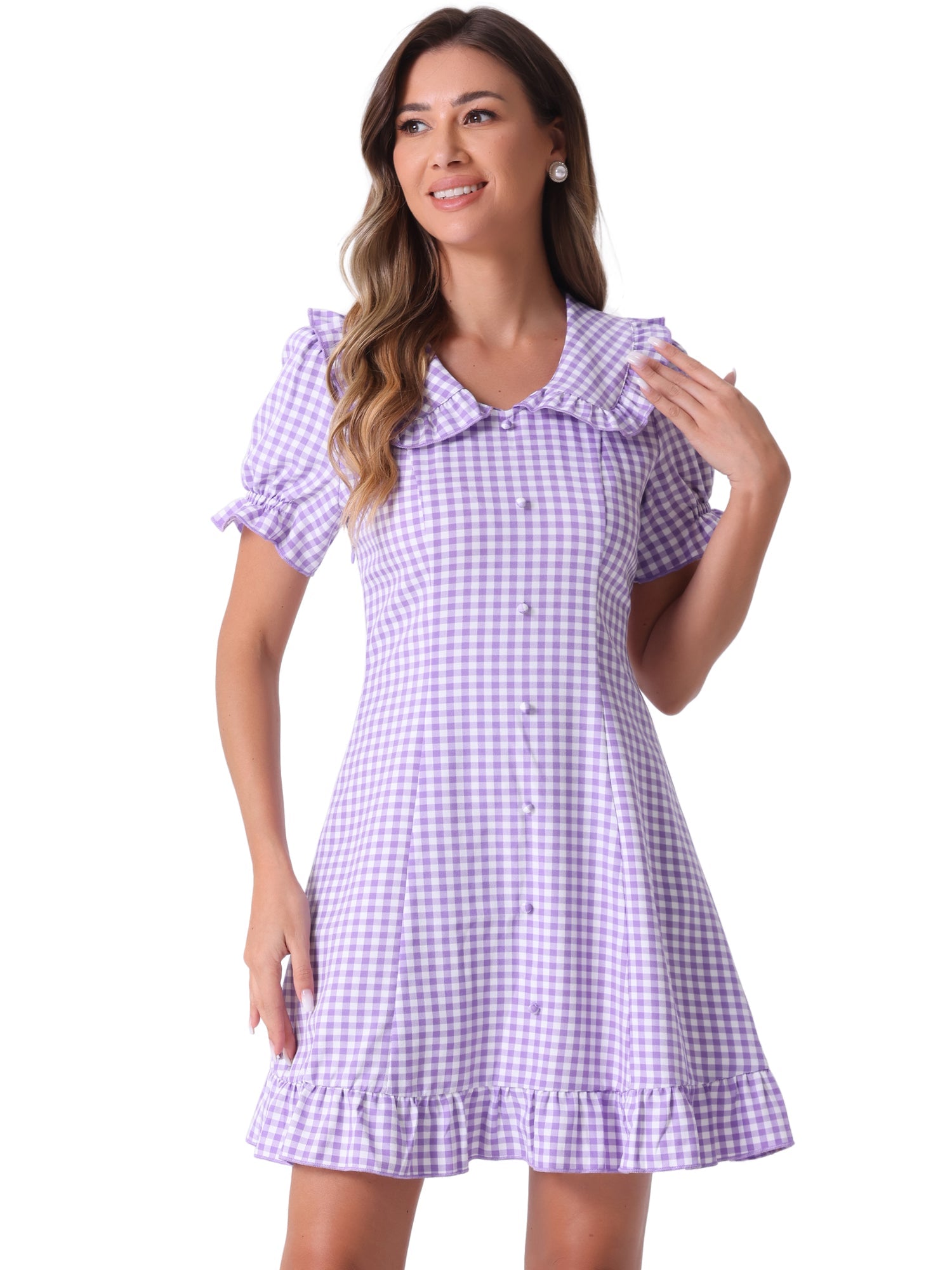 Gingham Checks Ruffled Peter Pan Collar 1960s Vintage Mini Dress