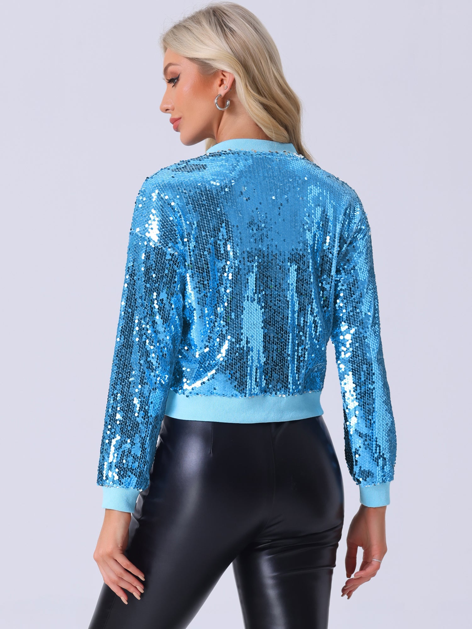 Sequin Sparkle Party Long Sleeve Zipper Bomber Jacket