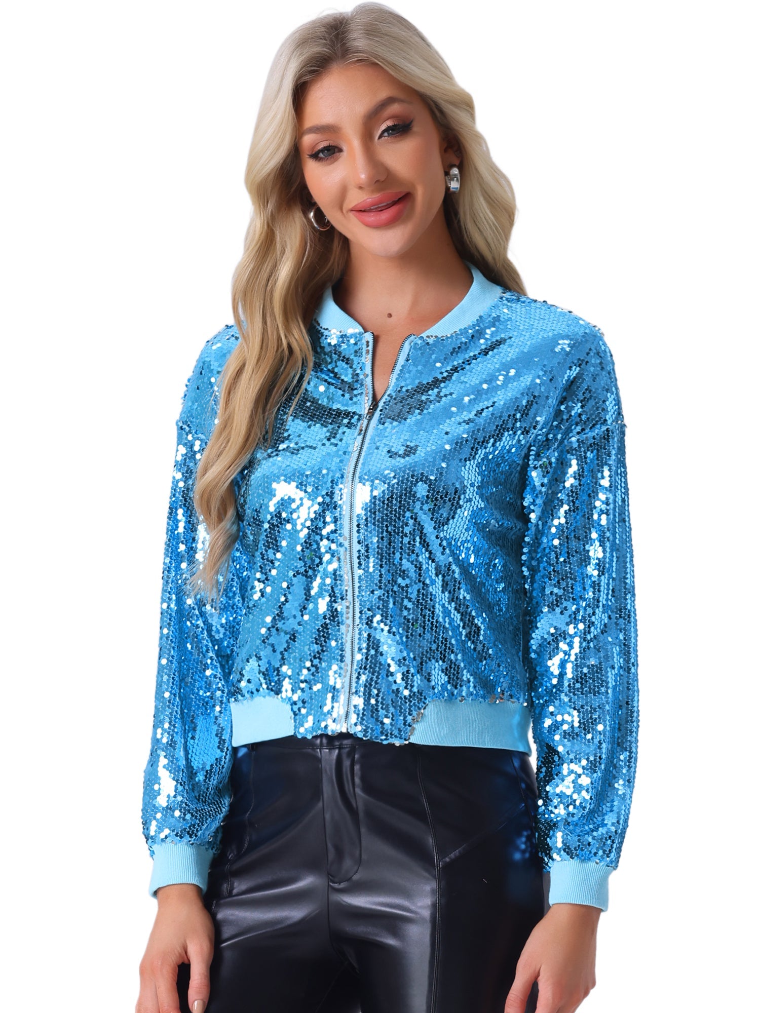 Sequin Sparkle Party Long Sleeve Zipper Bomber Jacket