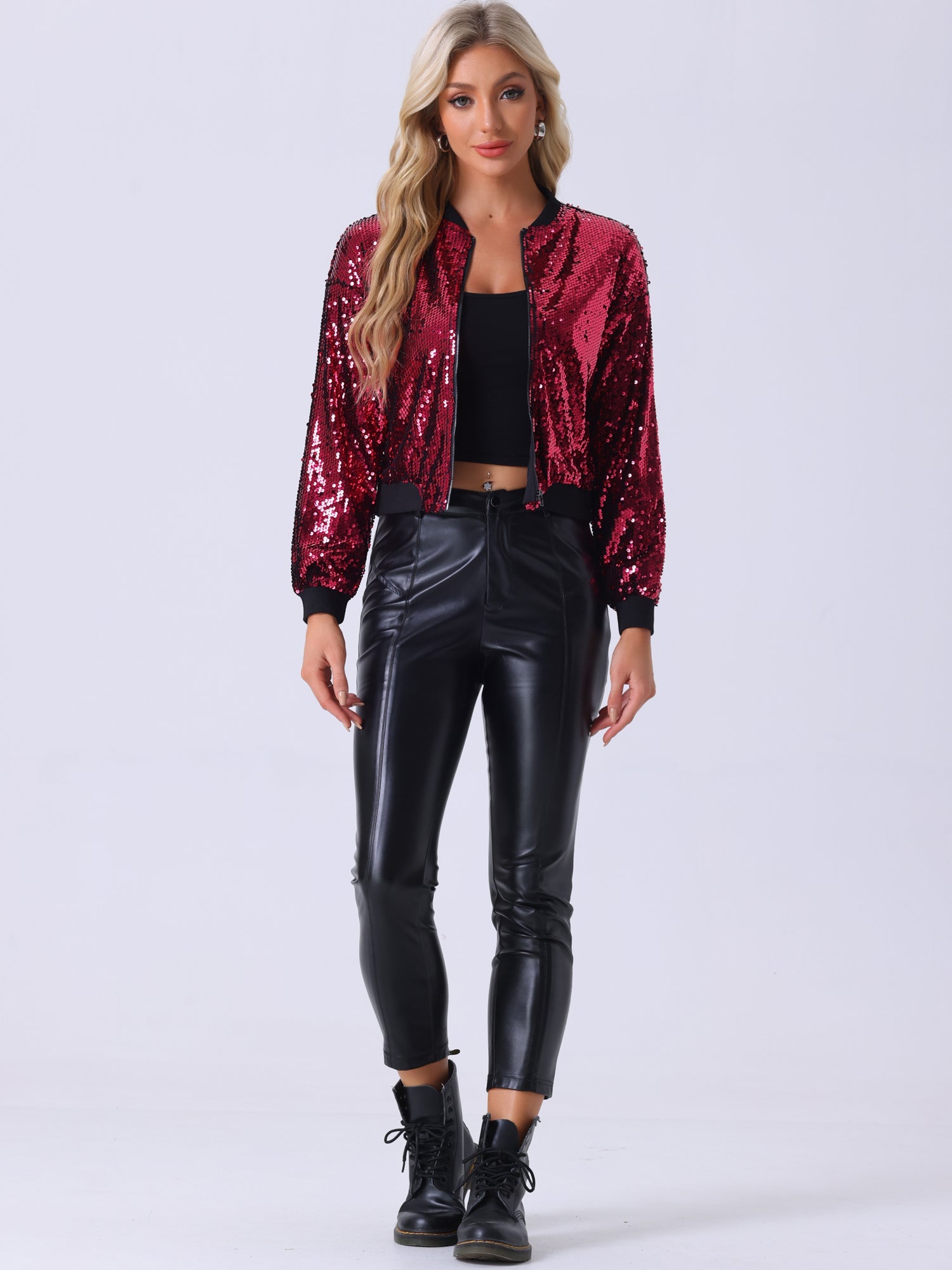 Sequin Sparkle Party Long Sleeve Zipper Bomber Jacket