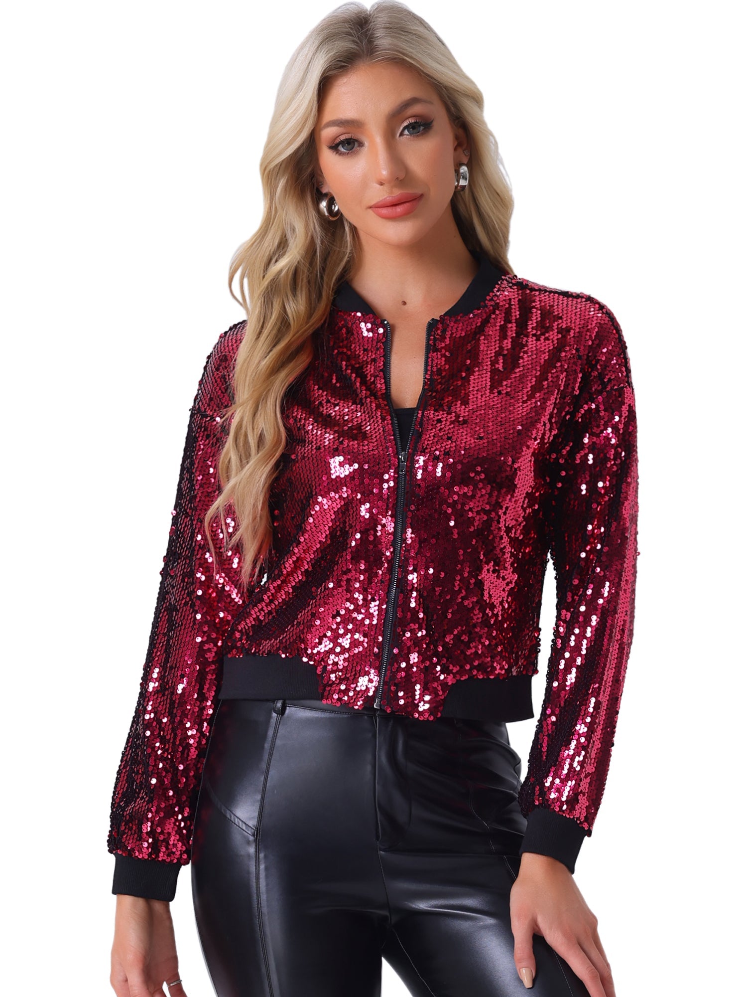 Sequin Sparkle Party Long Sleeve Zipper Bomber Jacket