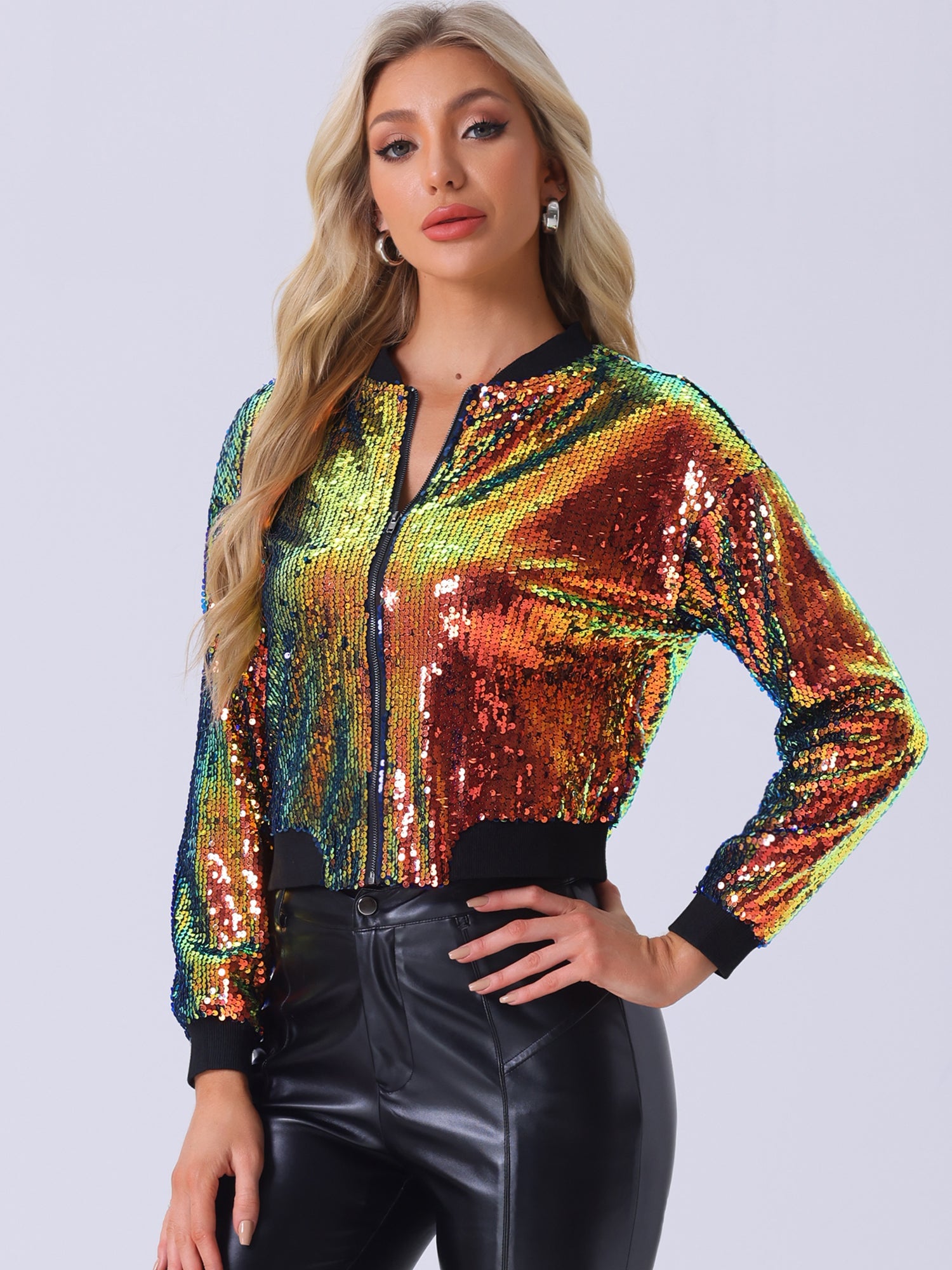 Sequin Sparkle Party Long Sleeve Zipper Bomber Jacket