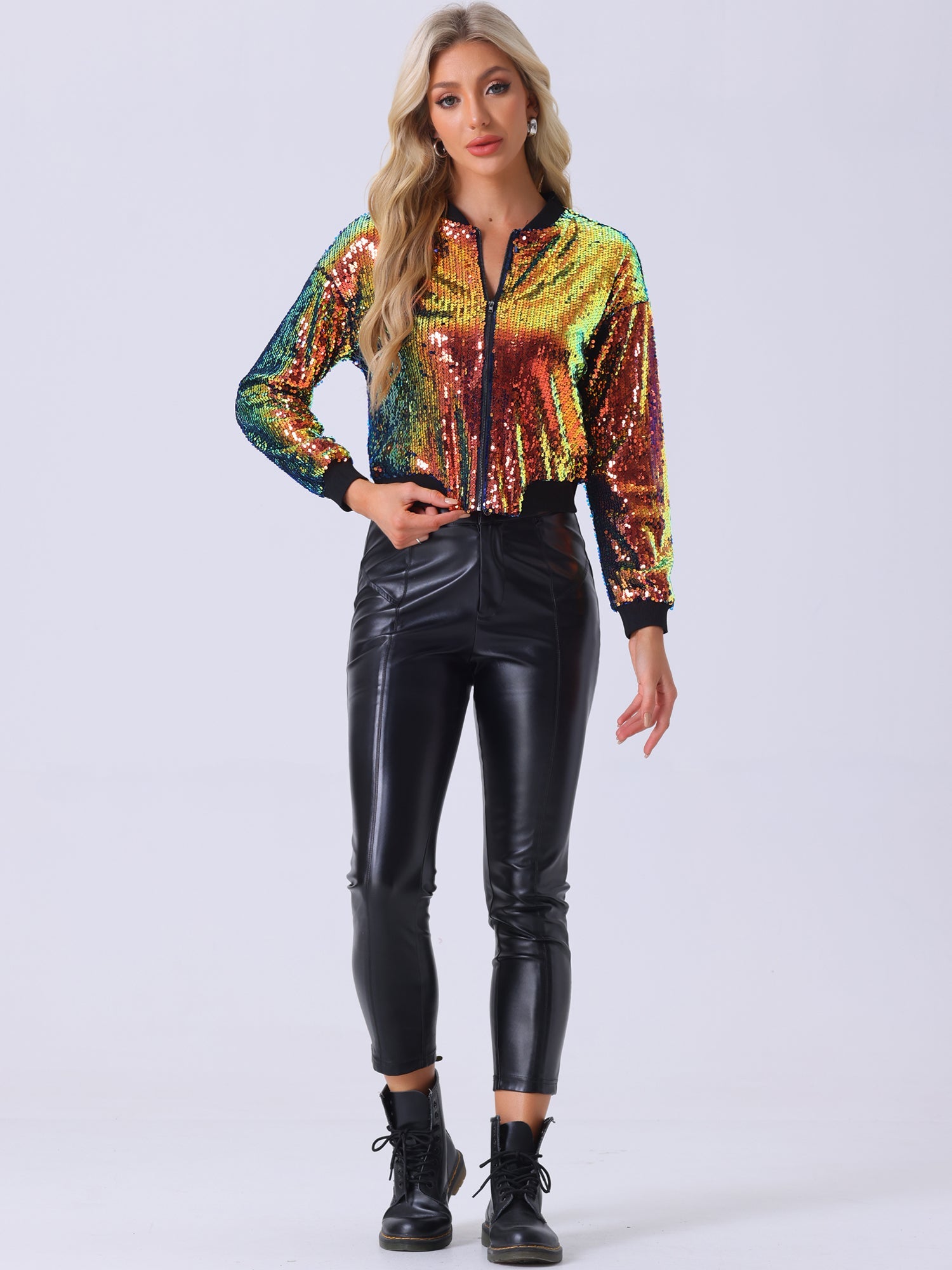 Sequin Sparkle Party Long Sleeve Zipper Bomber Jacket