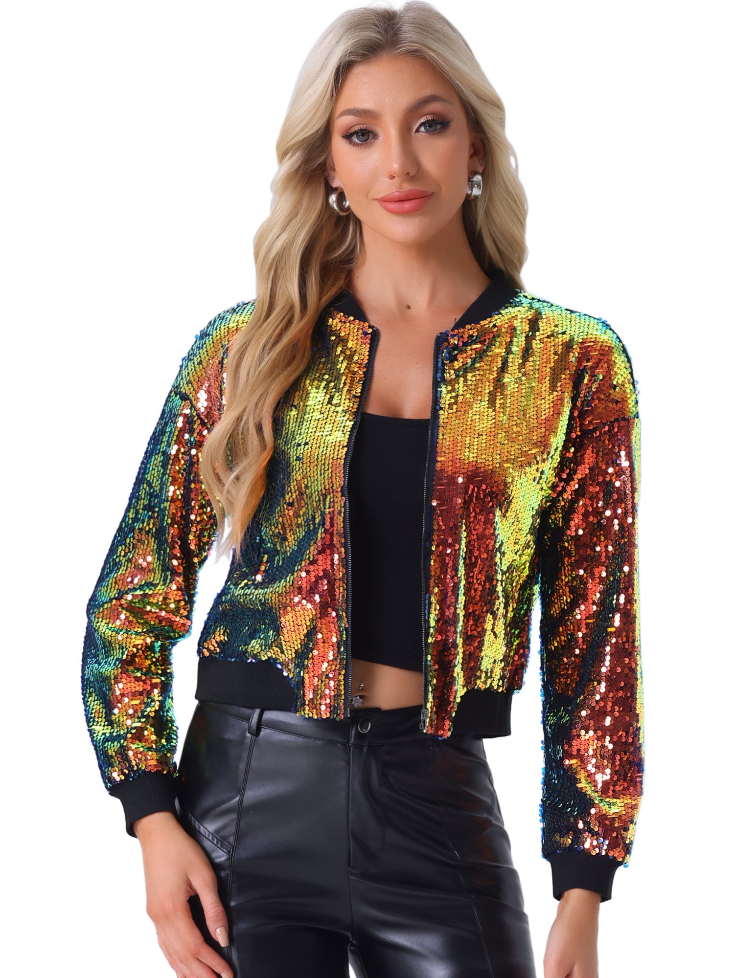 Sequin Sparkle Party Long Sleeve Zipper Bomber Jacket