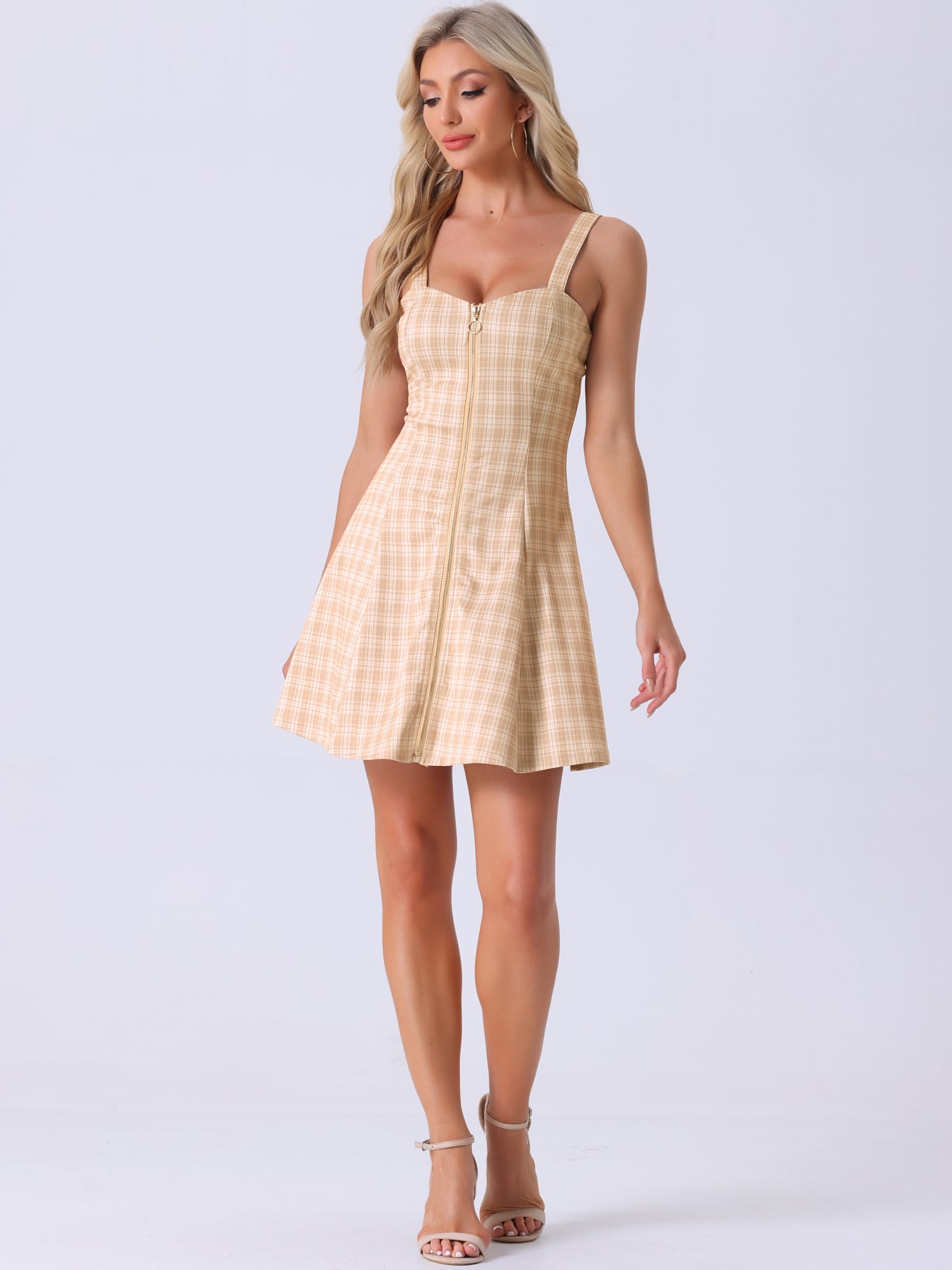 Plaid Zipper Front Party Strap Sleeveless Tube Mini A-Line Dress