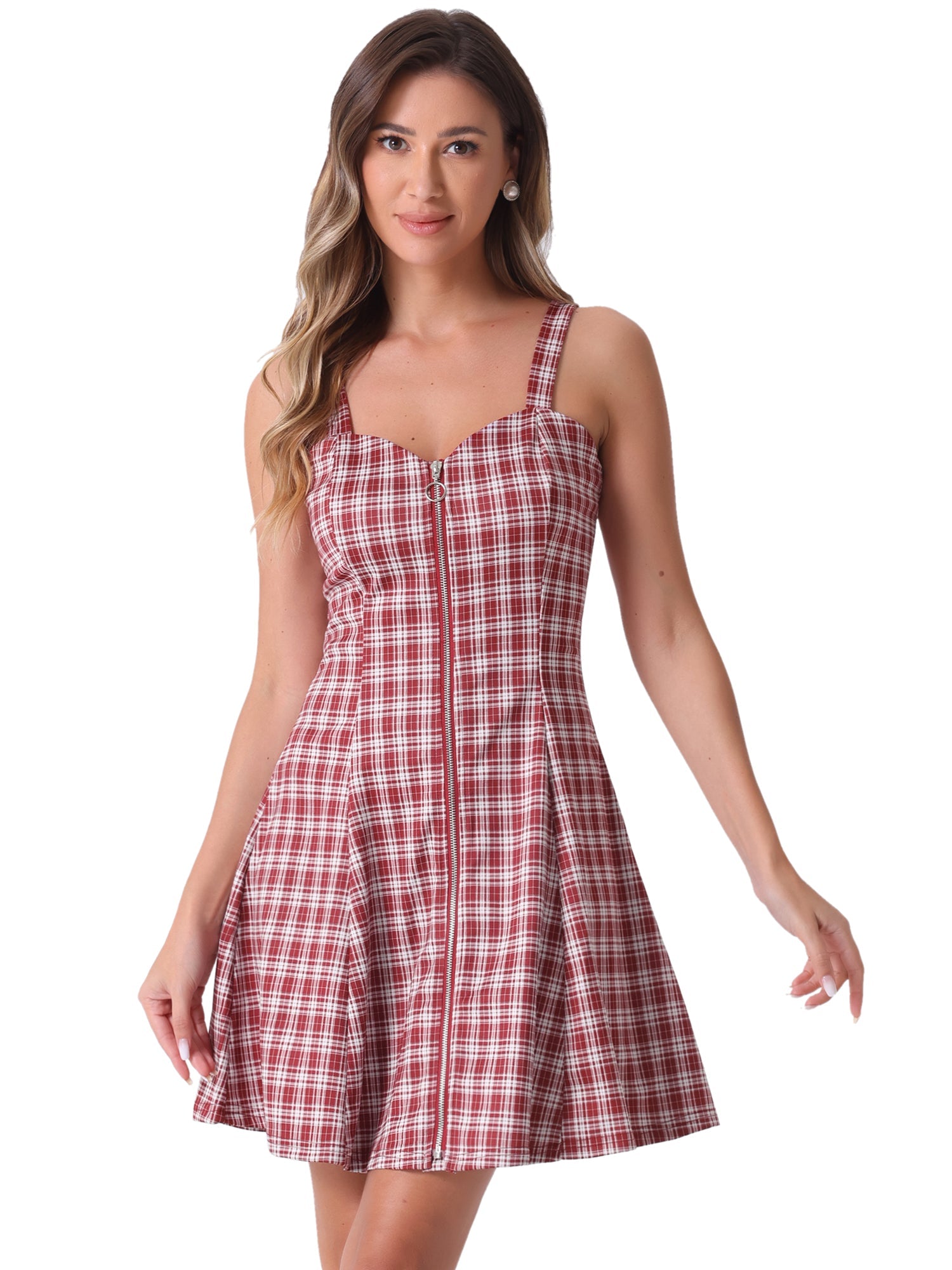 Plaid Zipper Front Party Strap Sleeveless Tube Mini A-Line Dress