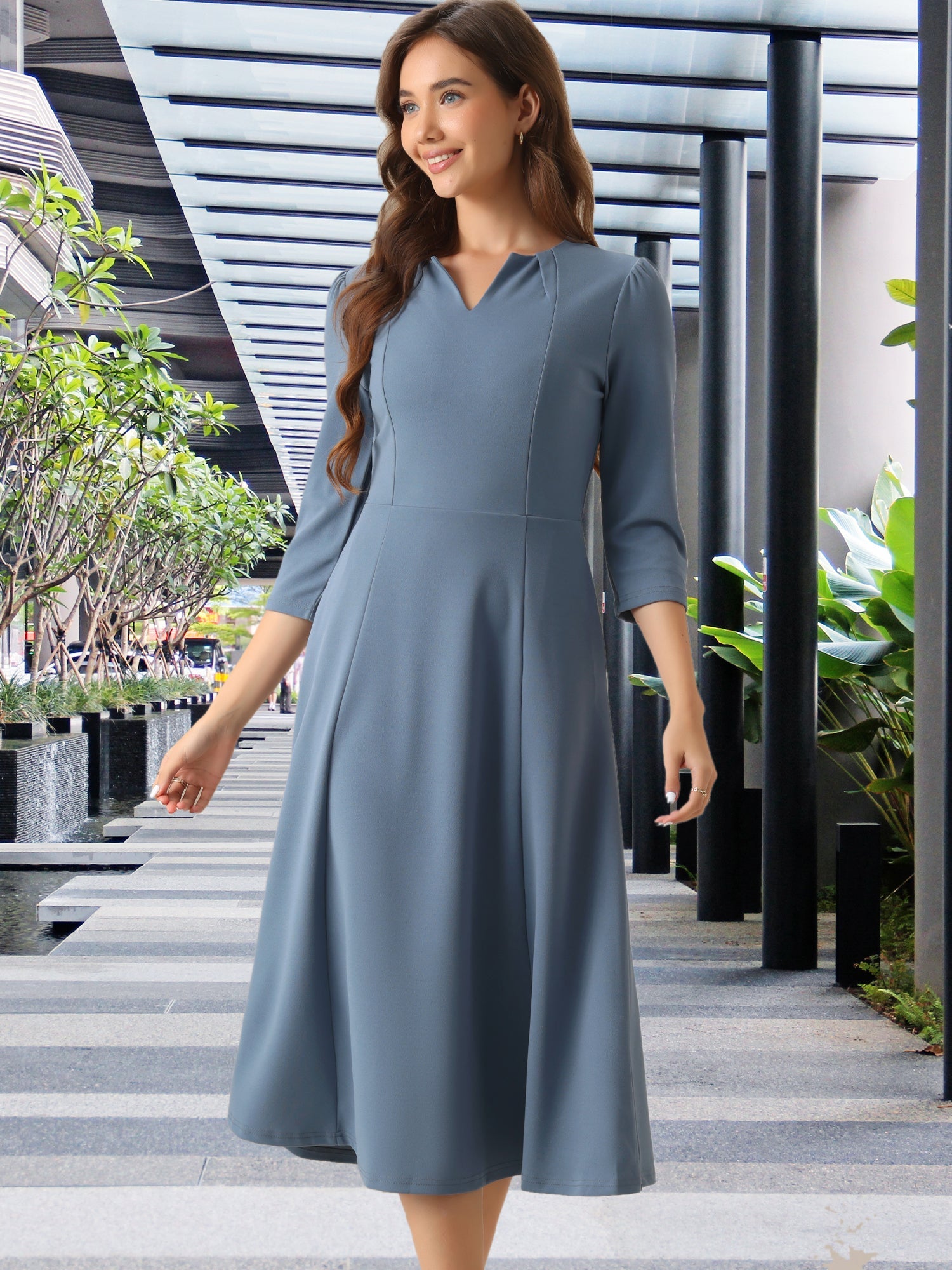 Notch Neck Pocketed 3/4 Sleeve Solid A-Line Work Dress