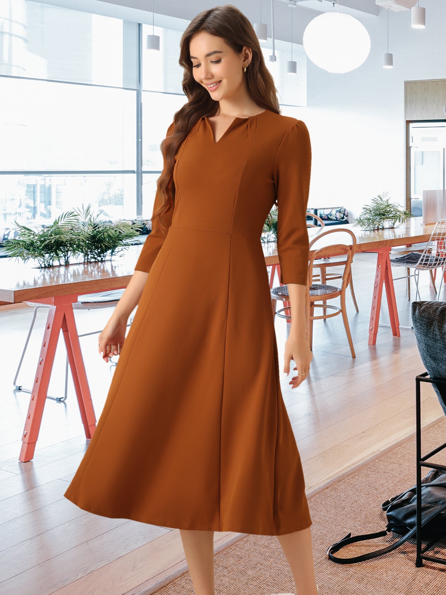 Notch Neck Pocketed 3/4 Sleeve Solid A-Line Work Dress