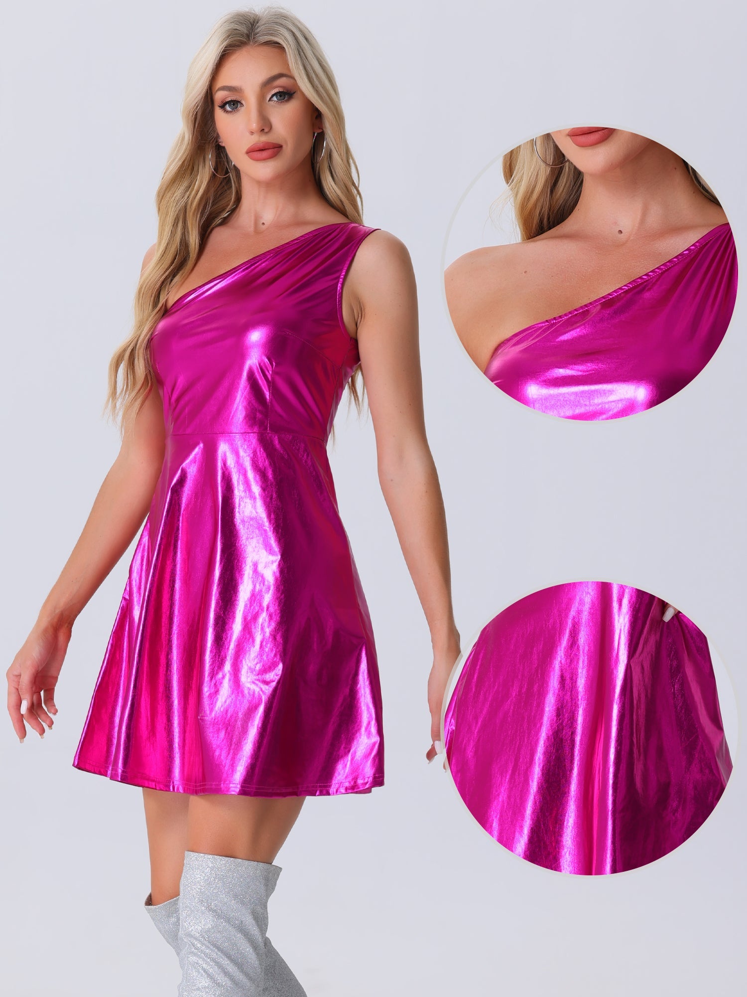 Metallic Sleeveless One Shoulder Party Disco Holographic Dress