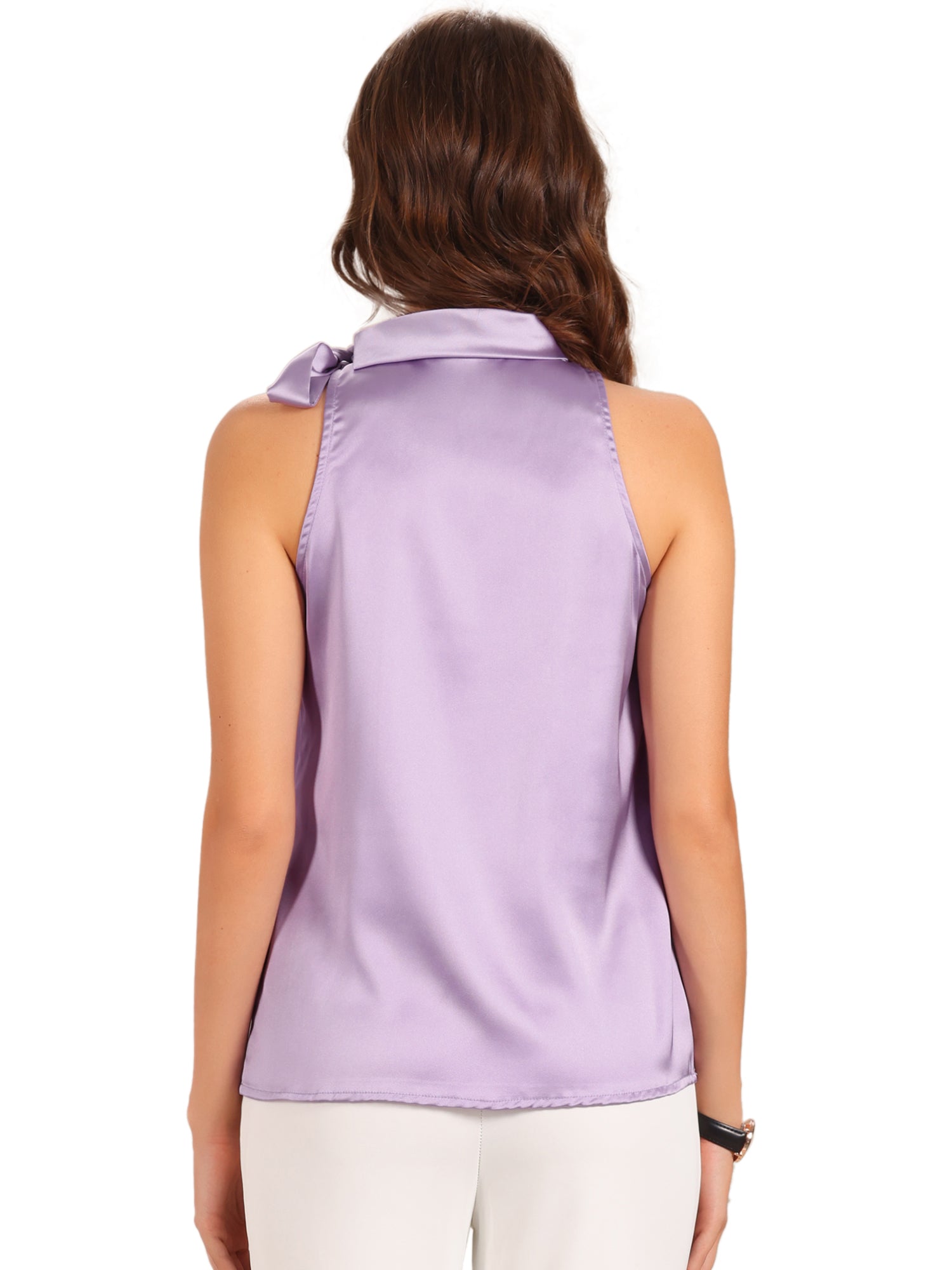 Elegant Satin Sleeveless Tie Knot Mock Neck Solid Work Blouse Top